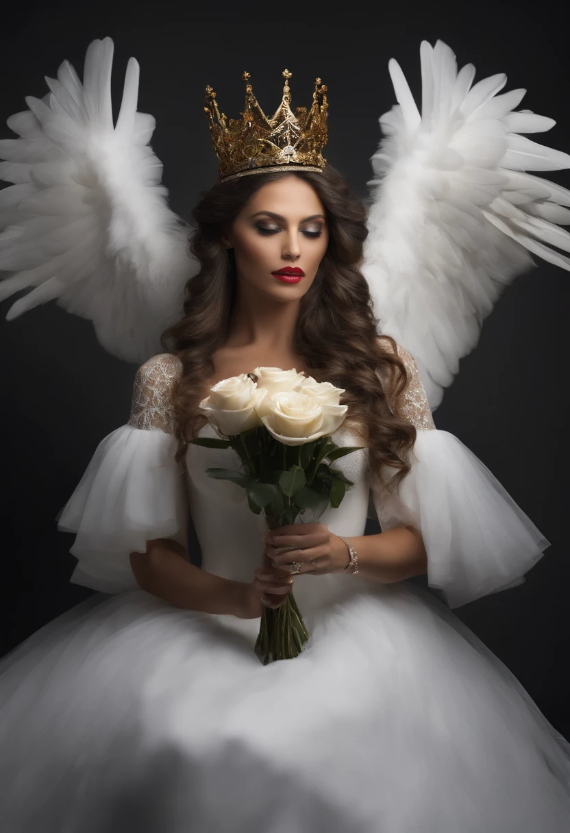 hiper-realismo, Gothic woman as a dove spins, 37 anos, monera, cabelos pretos, Wearing a queen's crown on her head, com (((vestido longo branco e dourado))), rosto fechado, cara de brava, holding 7 red roses in his hands, com fundo escuro, com a luz da lua iluminando, foto de corpo todo, looking-into-camera, olhar intimidador, hiper realista, ultrarrealismo, detalhes realistas.