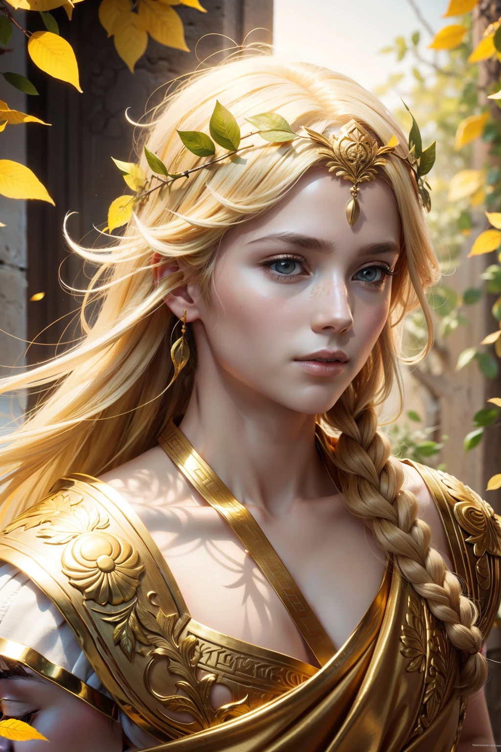 greek myth，god of the sun，blond hairbl，Golden olive leaves are worn on the head