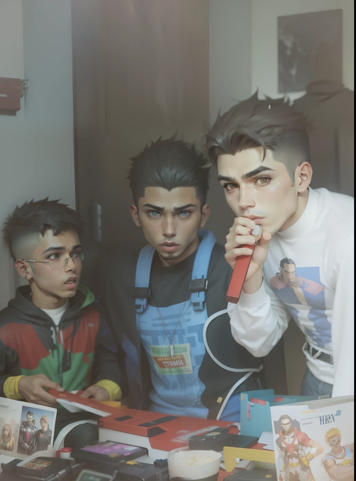 Treis primos homens, festa de aniversario, Estilo cyberpunk, estilo cartoon, Estilo anime