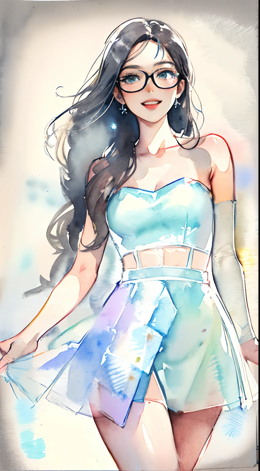 full shot of 25 year old, black haired woman, long hair, light blue headband, happy face, glasses ((( white ice skater strapless dress))) ((( mini skirt))) ((slender)) (busty) ((sexy dress)) , light washes. pencil sketch outline, Easy brushstrokes (Watercolor:1.3),