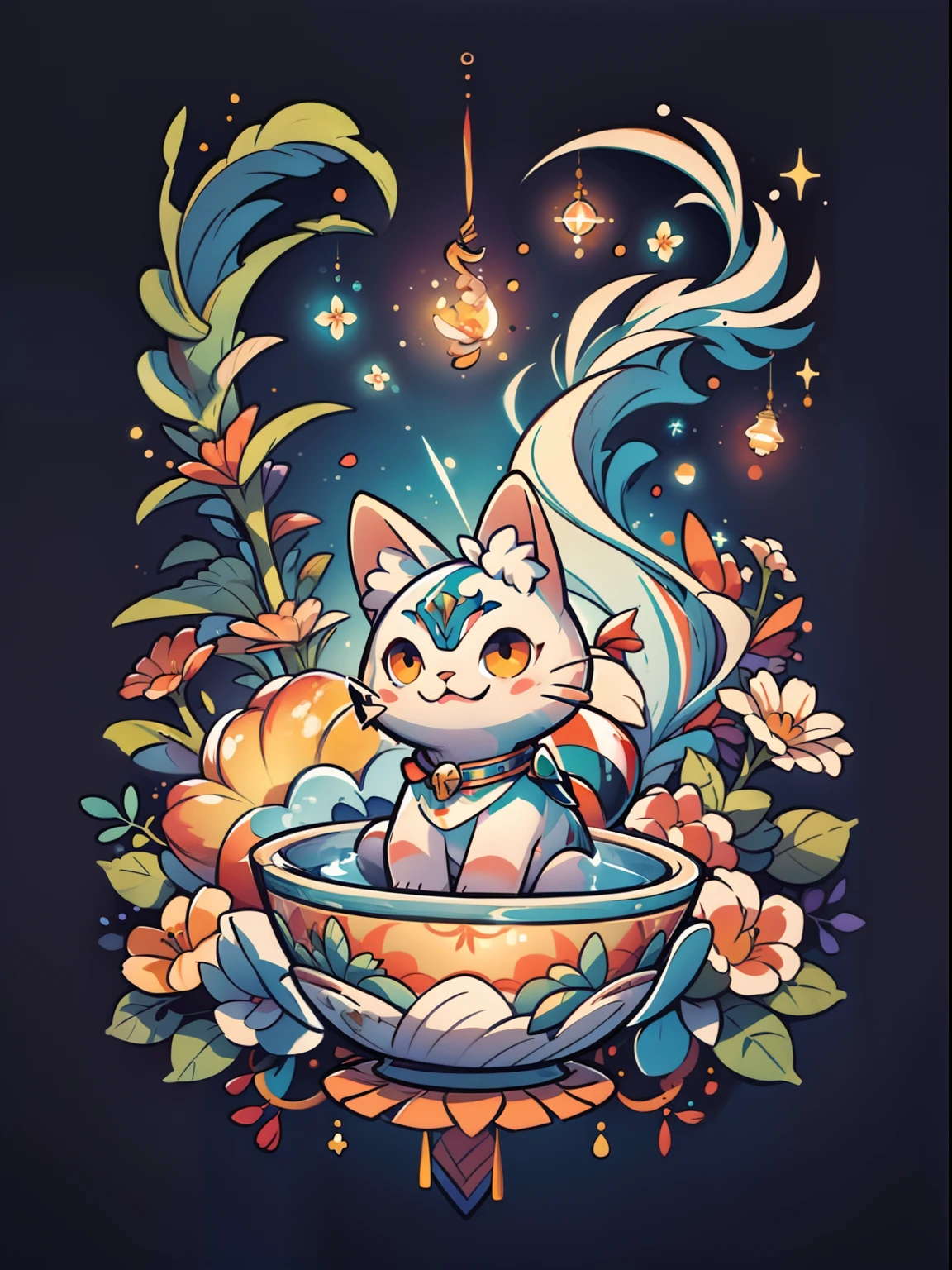 (((tmasterpiece))), 4k-resolution, Muy detallado, add_detail:1, HiQuality, high resolusion, Ultradetallado, 8k, La mejor calidad, Un lindo gato, colores aleatorios, raza aleatoria, colgaba maravillosamente en el aire, entre peces brillantes y cristales, fireflys, magic light,