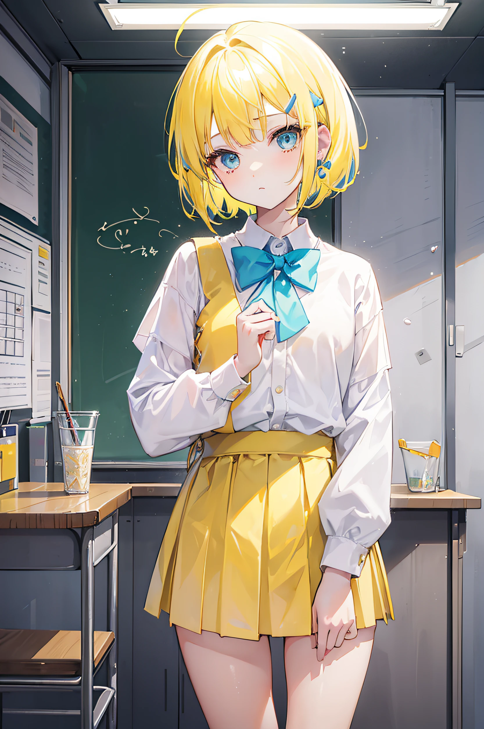 1 girl, pastel colours, yellow hair strokes, Short Hair Hair, Cyan eyes, pearl hairpins on the hair, high school uniform, bow, stocklings, big earrings, a lot of details, small girl, little chest, holding the phone in your hand, gaze at the viewer, Large thighs, Classroom