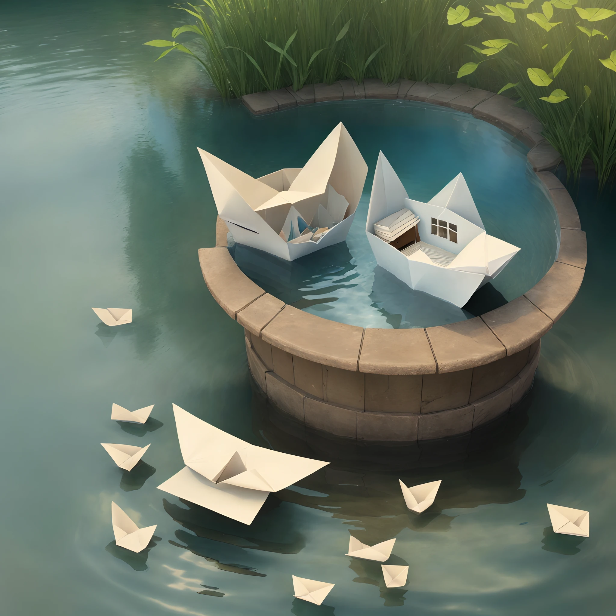 Paper boat in water well