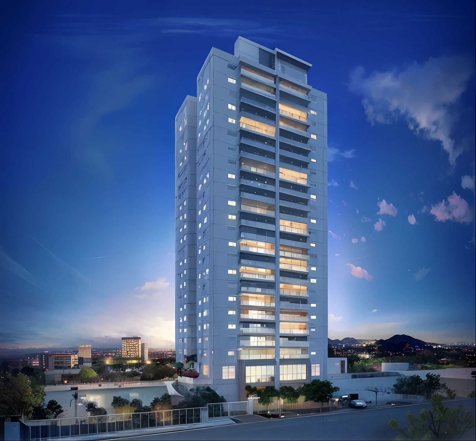 Arafed view of a tall building with a lot of windows, mantra rendering, renderizado, Directed by: Willian Murai, Directed by: Sam Black, majestosa obra-prima, Directed by: Luis Miranda, full building, cascading highrise, Directed by: Felipe Seade, Directed by: Samuel Silva, Fachada Freddy Mamani Silvestre, cobertura, imagem realista verdadeira, residencial, high-quality render