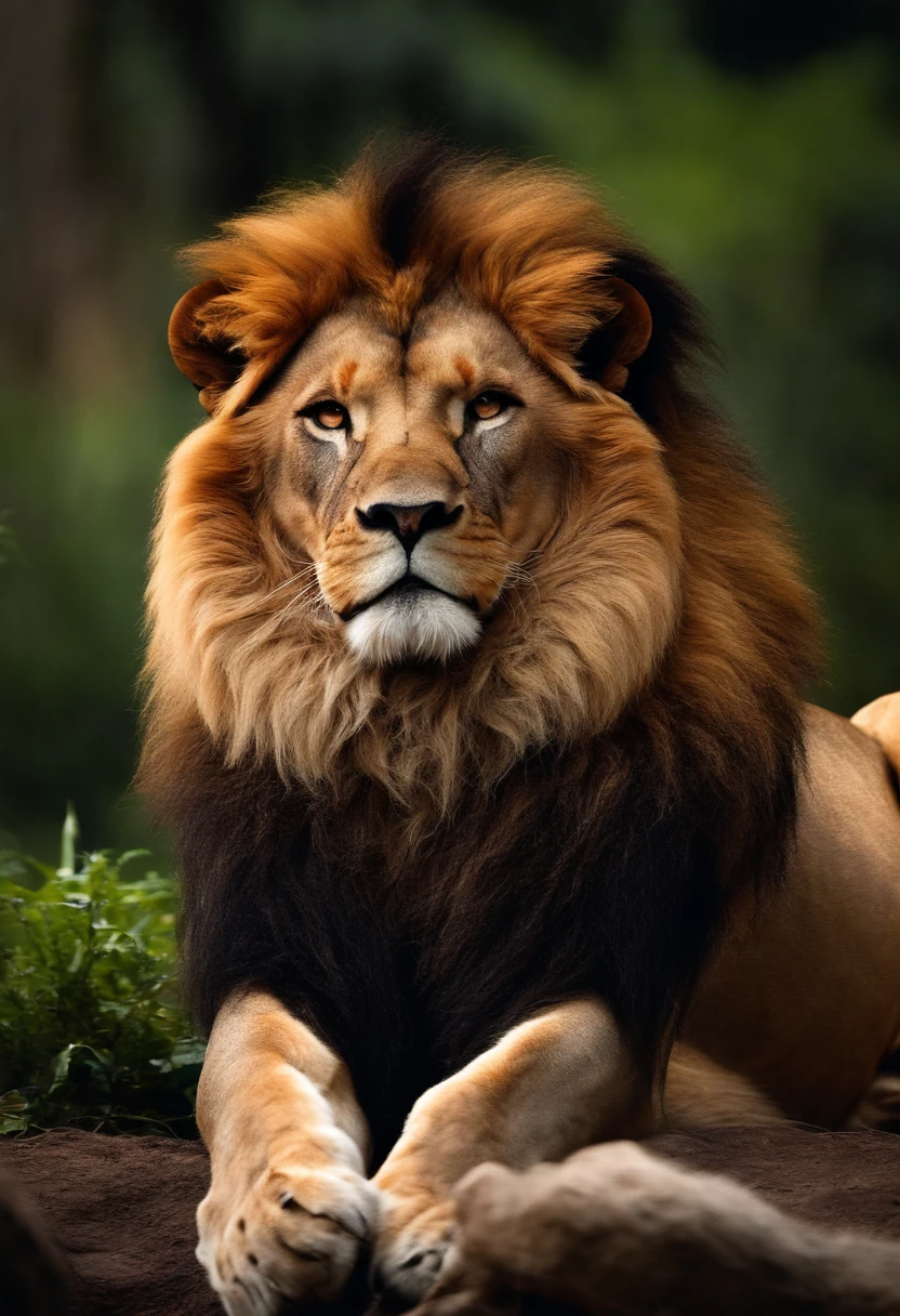 Foto RAW, A close-up portrait of a majestic lion and a lamb, Background is the African jungle, The lion seems dominant and assertive