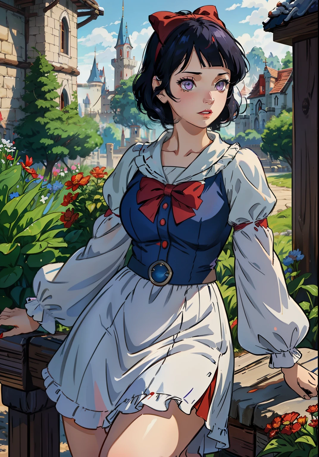 (snow white Waifu:1), surprised, beautiful pose, looking at the viewer, thick thighs, ( dress,Luffy sleeves:1.3), (short curly dark blue hair, Blunt Bangs,red hairband with bow)
(realistic: 1.2), (realism), (masterpiece: 1.2), (best quality), (ultra detailed), (8k, 4k, intricate), (full-body-shot: 1), (Cowboy-shot: 1.2), (85mm), light particles, lighting, (highly detailed: 1.2), (detailed face: 1.2), (gradients), sfw, colorful, (detailed eyes: 1.2), princess snow white

(detailed landscape, garden, plants, castle: 1.2), (detailed background), detailed landscape, (dynamic angle: 1.2), (dynamic pose: 1.2), (rule of third_composition: 1.3), (line of action: 1.2), wide shot, daylight, soil, Blunt Bangs, purple eyes,dark blue hair,soft red lips,white skin