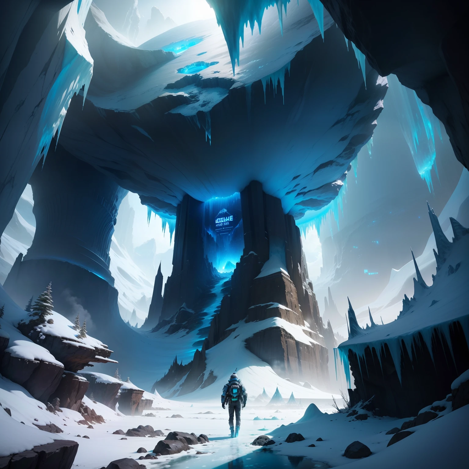 Ice World Shirogane World cyberpunked Great glacier Ice metropolis Huge cave Huge hole A beautiful future world top-quality 超A high resolution masterpiece dream SFFantasia