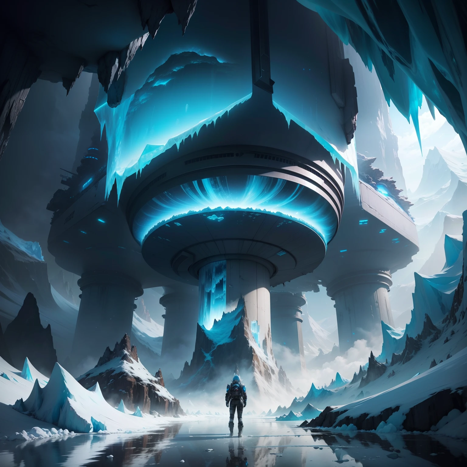 Ice World　Shirogane World　cyberpunked　Great glacier　Ice metropolis　Huge cave　Huge hole　A beautiful future world　top-quality　超A high resolution　​masterpiece　dream　ＳＦFantasia