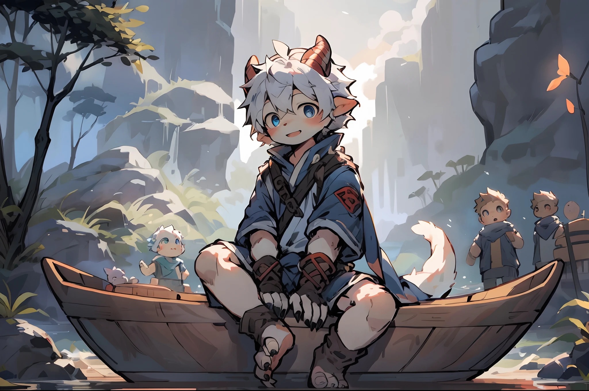 Stylistic image of a  boy sitting in a wooden boat, trending on artstation pixiv, Guviz-style artwork, Very handsome， Guviz, Guweiz on ArtStation Pixiv, young male anthro dragon，White scales，White hair，long distance photo，male people，toddle，((Libido boy))，Dragon's horn，by Pino Daeni, canyne khai, milkytiger1145, Dagasi, Yupa，Wooden boats，Wooden paddles，((solo person))，, Furry boy, cub, clawed paws, Blue fur