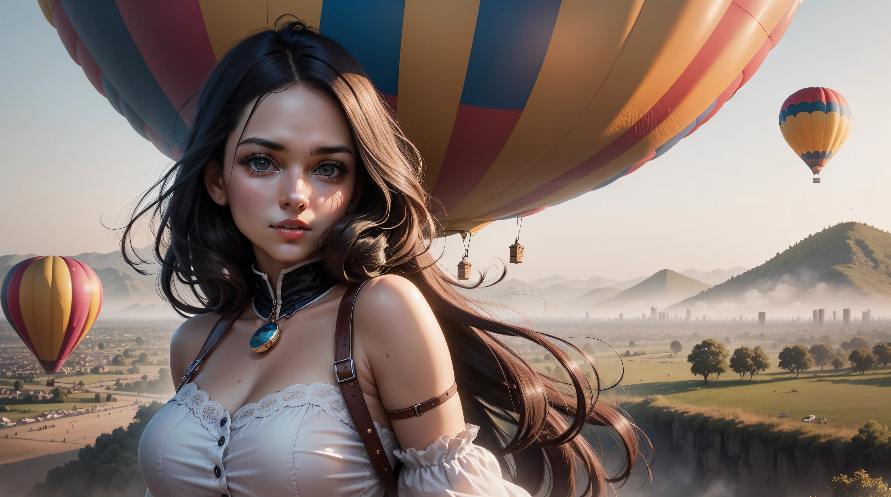 A beautiful woman on a hot air balloon