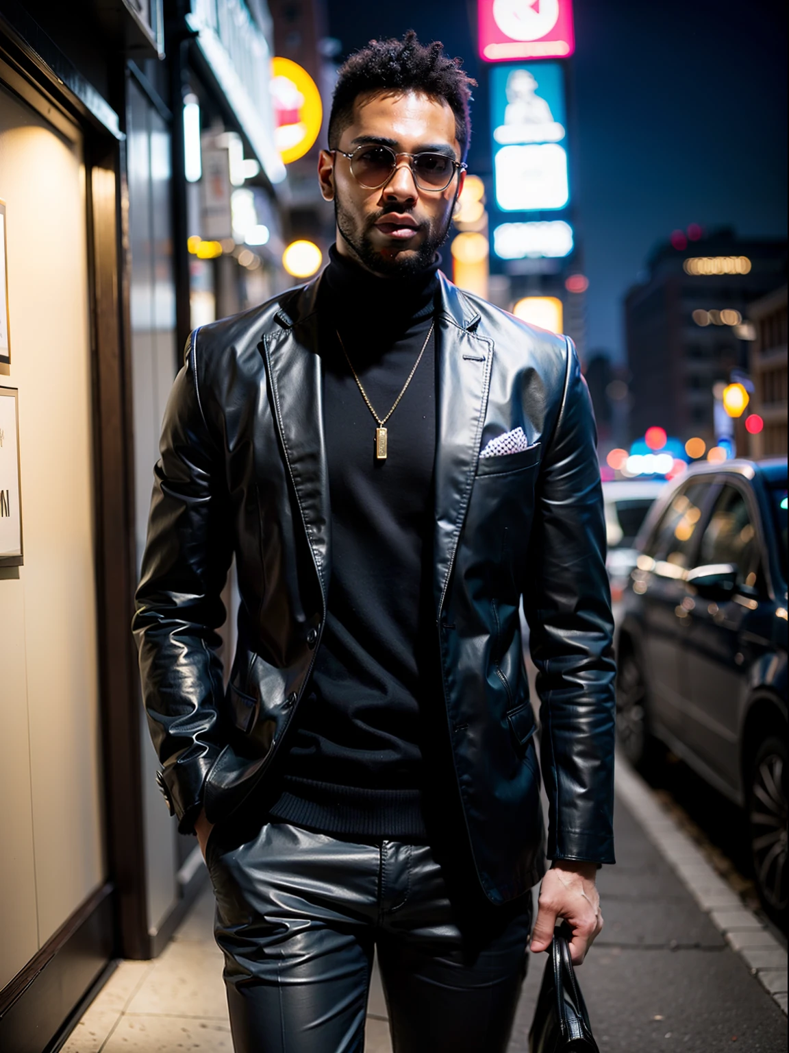 Homem negro, wearing stylish clothes, Photo at night