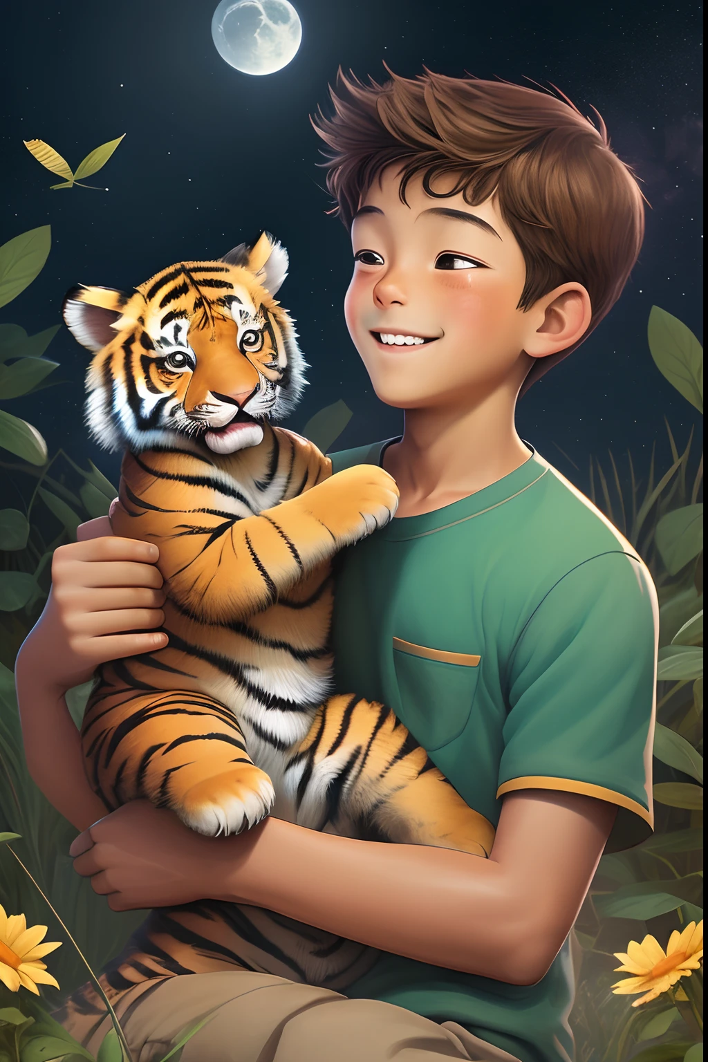 "Explore this charming children's book illustration, where a cheerful boy lovingly holds an adorable tiger cub in a wide field. This artwork captures the beauty of childhood and the special connection between humans and animals, demonstrating how artificial intelligence can appreciate and interpret visual art in a sophisticated way." --auto