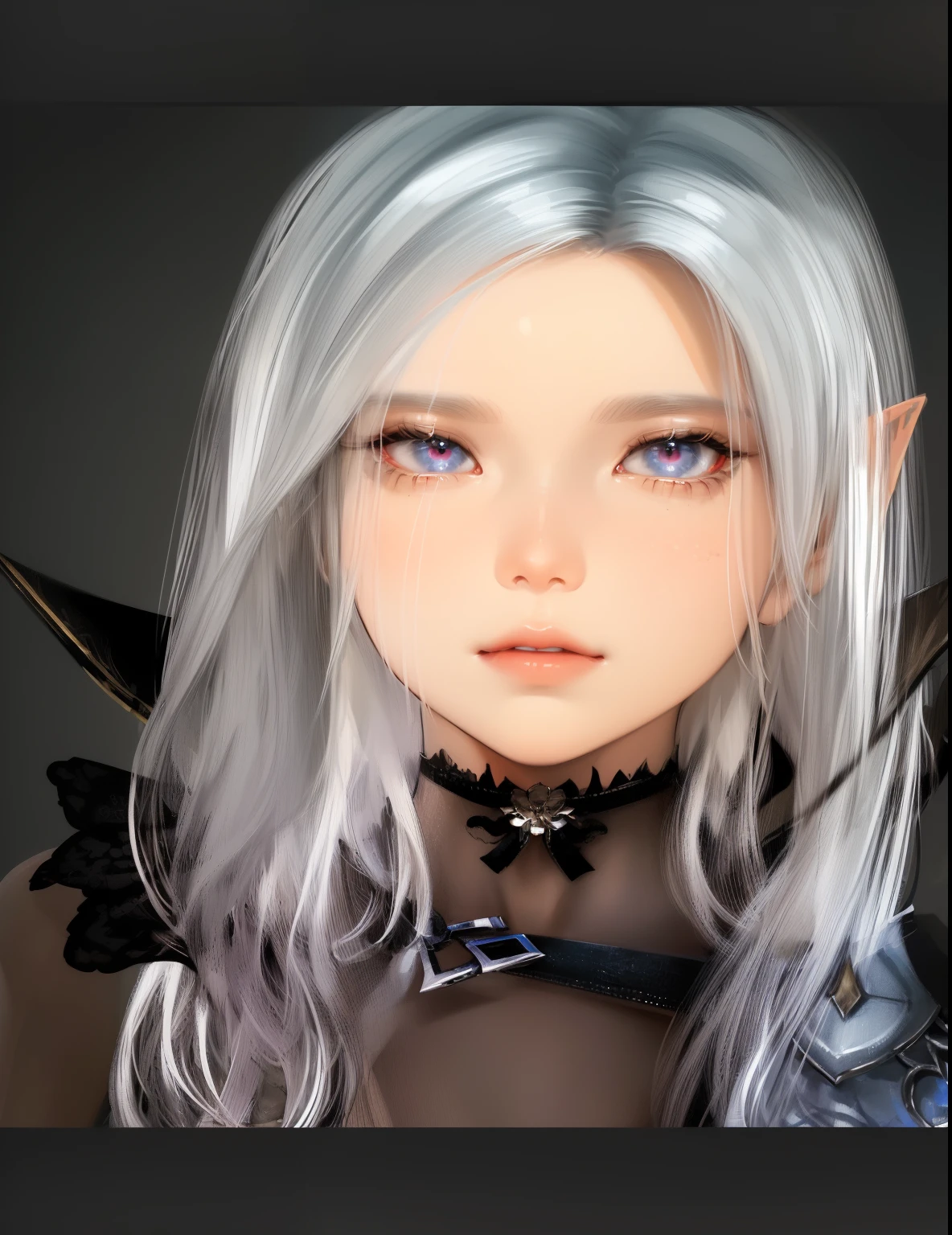 image of a woman with white hair and a black collar, lineage 2 revolution style, portrait of a very beautiful elf, very highly detailed face, highly detailed character, hyper-detailed fantasy character, photorealistic girl render, character close up, elegant female elf portrait render