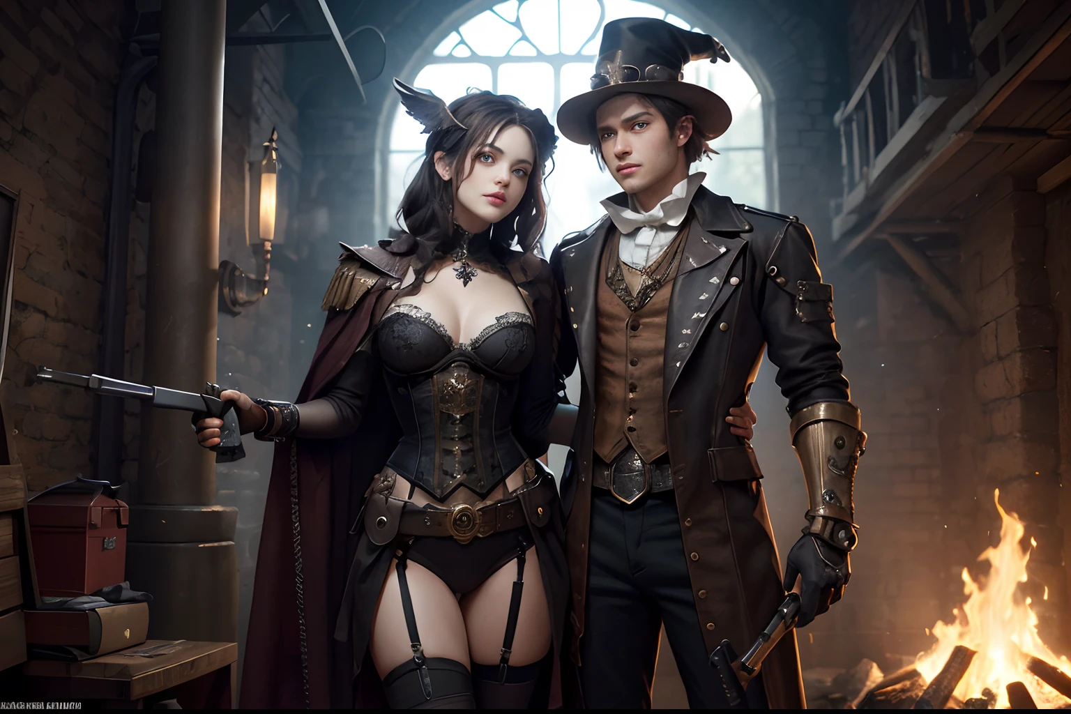 (American Shot), a Steampunk girl and man couple, she is very beautiful. Both are in a movie poster pose carrying weapons like in the poster of the movie Hansel and Gretel: Witch Hunters, The girl with (very light eyes), is a beautiful Steampunk goddess with (small breasts) and ((small hips)), standing about 5' 3'' inches tall, (Looking at the camera), Wearing a lot of steampunk accessories on clothes that light up, Steampunk digital art, she is a mechanized Valkyrie Girl, They are in a room, Picture is very warm atmosphere, orange tones.