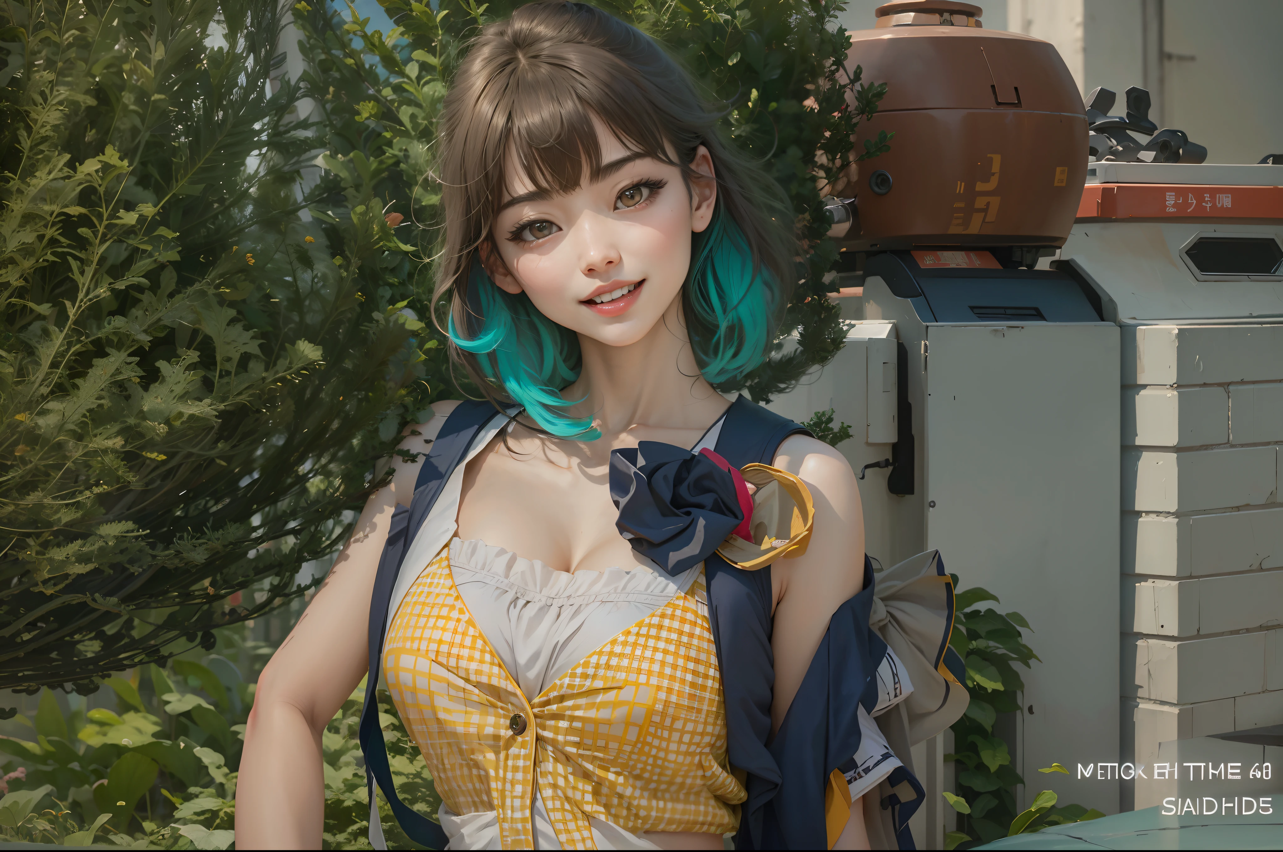 Black Eyes, 1 woman, (female)), solo, real, top quality, photorealistic, masterpiece, 8K, HDTV, solo, hdtv face, soft lighting, bedroom, ((daytime)), sky, (looking at camera), (portrait: 0.6), full-body, (medium hair), ponytail, brown hair, floating hair, lips, lipstick, seductive smile, Floating hair, smile, open mouth, teeth, eyelashes, Nogizaka 46, Moeka Tada, Akari Suda, idol, beautiful girl, ((uniform)), (((standing))