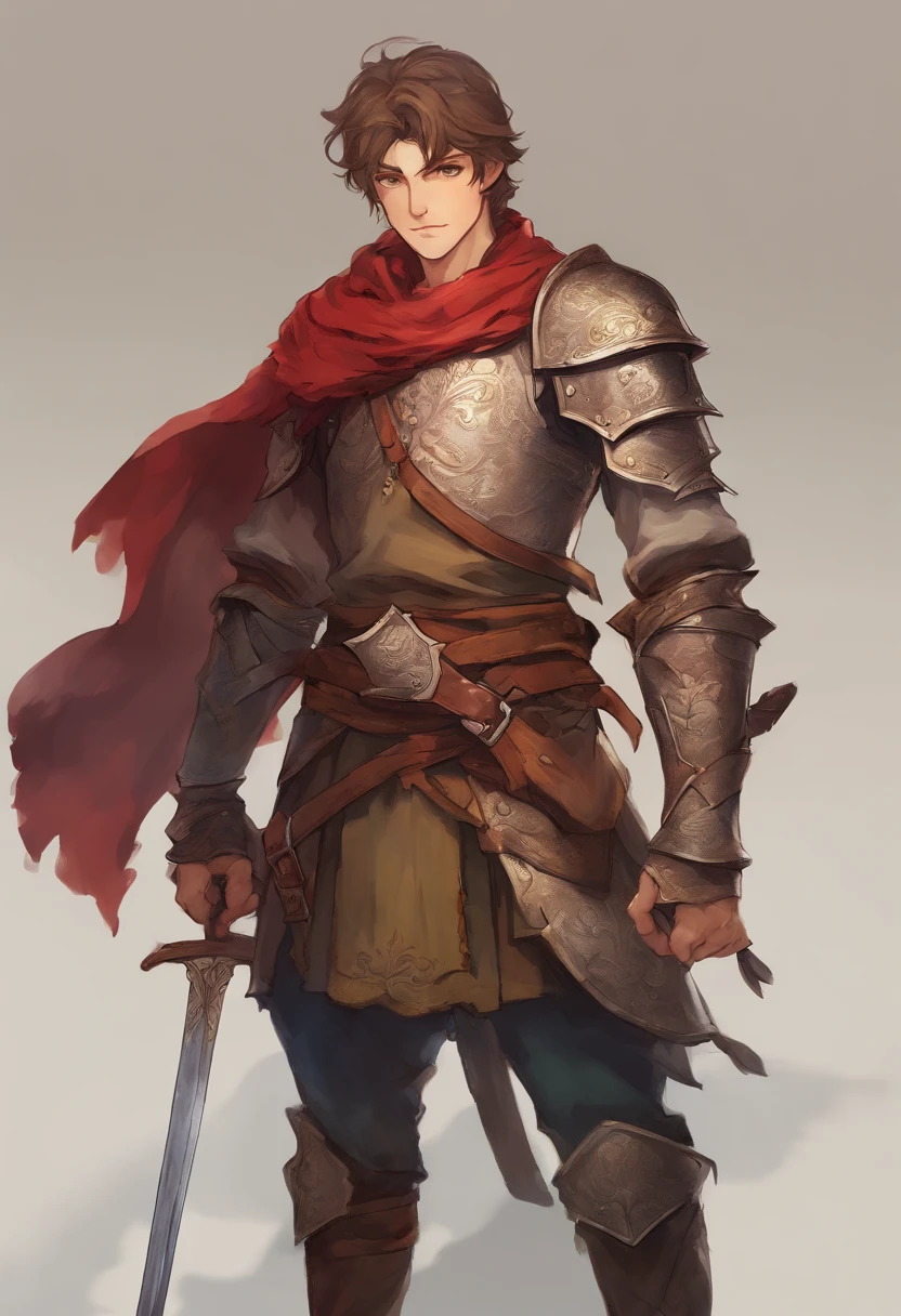 a 20 -year-old man, 1 boy, brown short hair, short hair parted in the middle, bright green eyes, without a beard, without a goatee, no facial hair, silver and red medieval knight armor, red clothes, highly detailed, A high resolution， Sharp focus, ultra detailed, noble, brave, strong