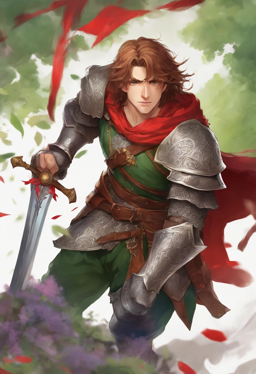 a 20 -year-old man, 1 boy, brown short hair, short hair parted in the middle, bright green eyes, without a beard, without a goatee, no facial hair, silver and red medieval knight armor, red clothes, highly detailed, A high resolution, Sharp focus, ultra detailed, noble, brave, strong