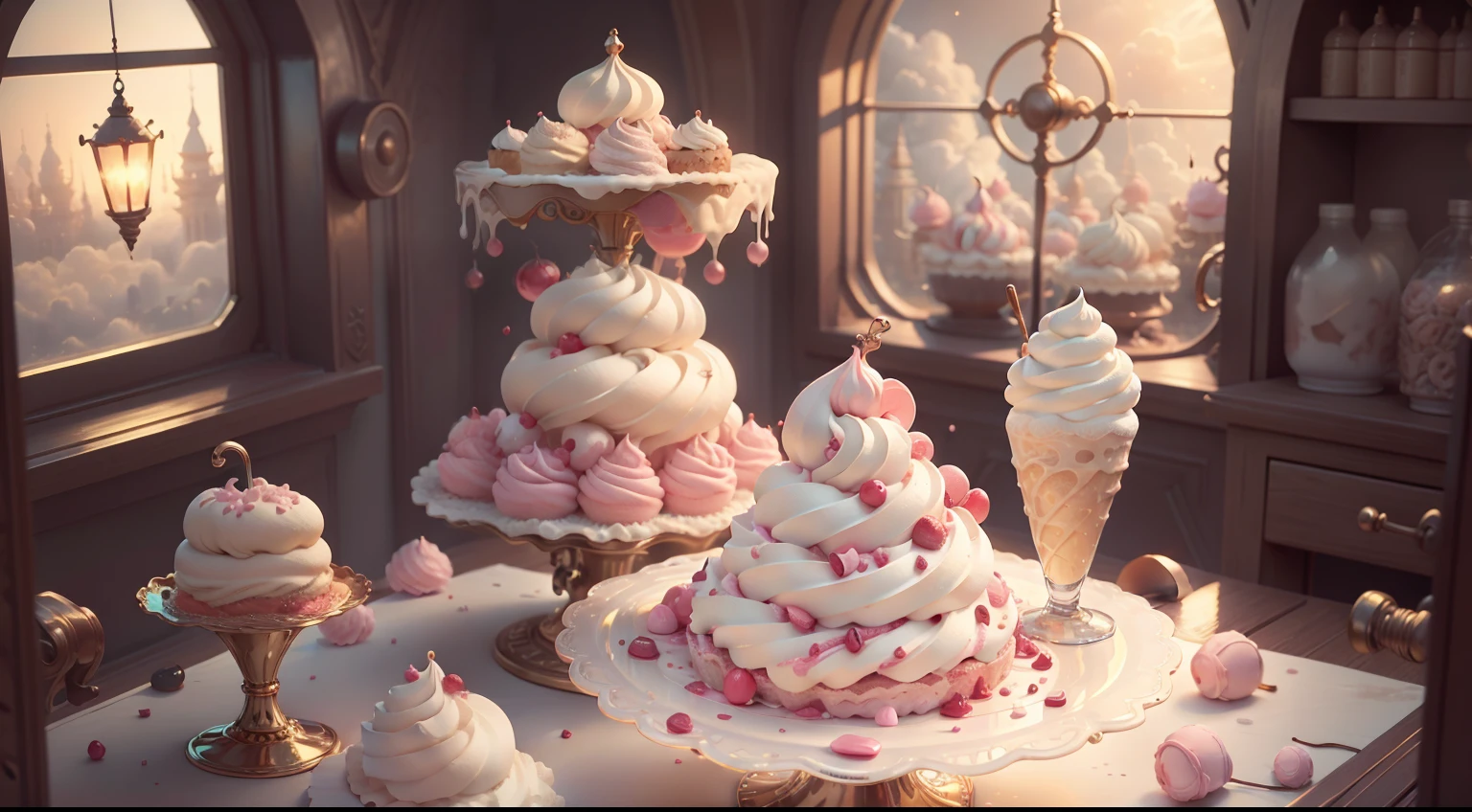 (Huge ice cream),illustration,Realistic Shading,Extraordinary details,Pastel colors,magical lighting,Fine texture,Pink fluffy clouds,Sparkling sprinklers,Delicate cones,Whimsical atmosphere,Joyful emotions,Dreamy background,Happy child,Delicious dessert,Soft serve ice cream,the ice cream shop,Vibrant colors,Candy toppings,fairy tale setting,The window is displayed,Little girl's hand,Lively scene,Cherry on top,Elegant whirlpool,Playful imagination,Captivating moments,A fun-filled experience,Creamy texture,Sweet taste,Irresistible temptation,Summer cuisine,Refreshing delight,Fantasy world