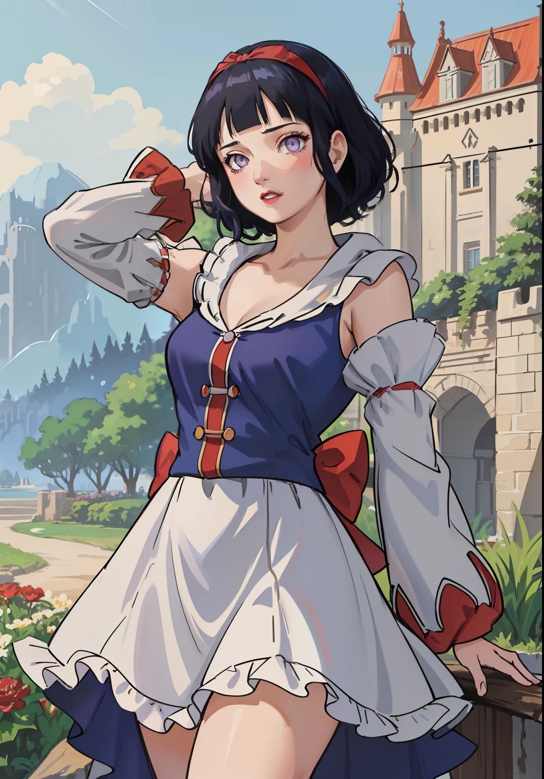 (snow white Waifu:1), surprised, beautiful pose, looking at the viewer, thick thighs, ( dress,Luffy sleeves:1.3), (short curly dark blue hair, Blunt Bangs,red hairband with bow)
(realistic: 1.2), (realism), (masterpiece: 1.2), (best quality), (ultra detailed), (8k, 4k, intricate), (full-body-shot: 1), (Cowboy-shot: 1.2), (85mm), light particles, lighting, (highly detailed: 1.2), (detailed face: 1.2), (gradients), sfw, colorful, (detailed eyes: 1.2), princess snow white

(detailed landscape, garden, plants, castle: 1.2), (detailed background), detailed landscape, (dynamic angle: 1.2), (dynamic pose: 1.2), (rule of third_composition: 1.3), (line of action: 1.2), wide shot, daylight, soil, Blunt Bangs, purple eyes,dark blue hair,soft red lips,white skin