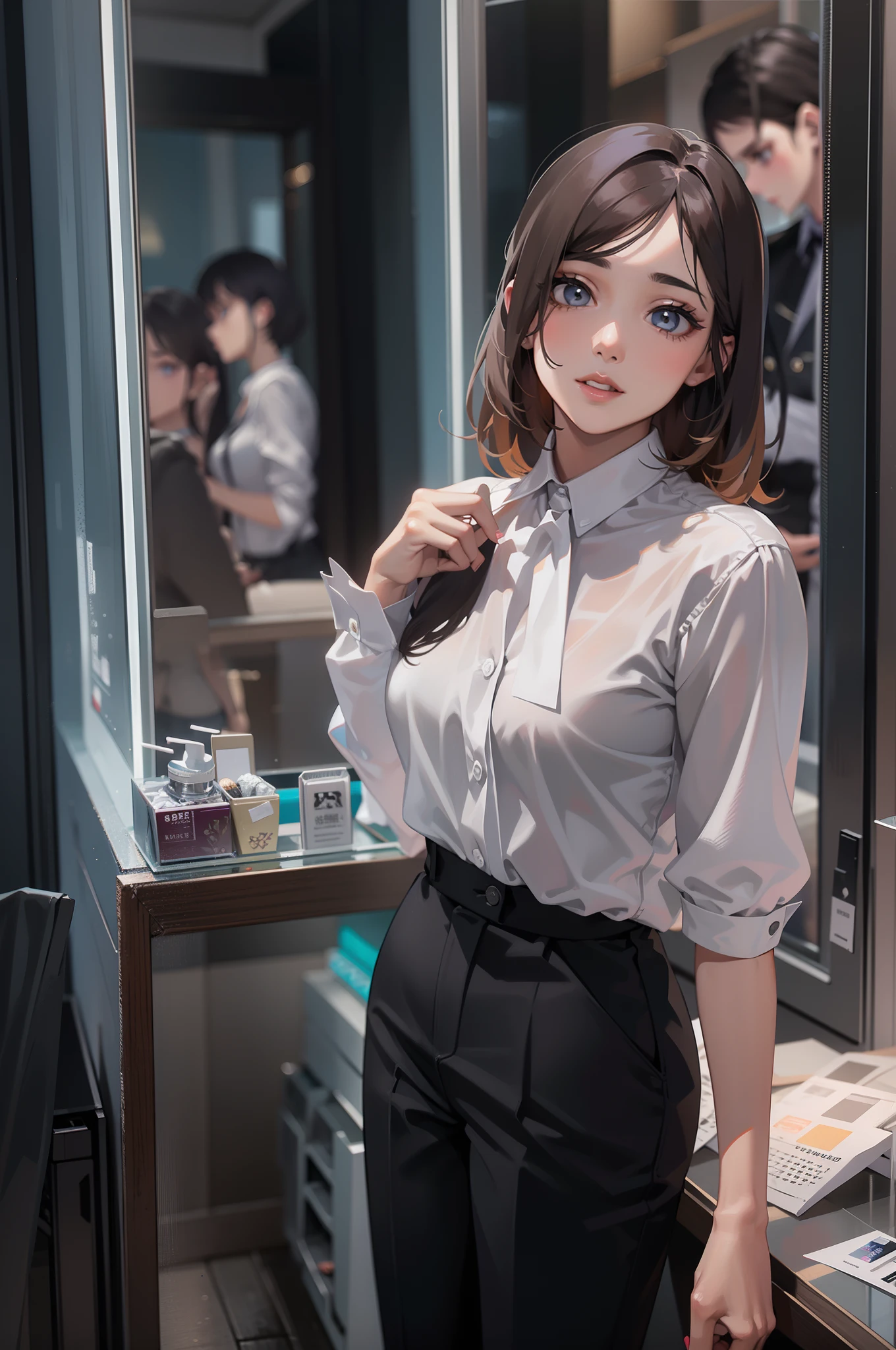 Work in a beauty salon、enjoyably、25 years old women、short-cut、White shirt、Black Pantaloons、Back lighting、Looking at the camera