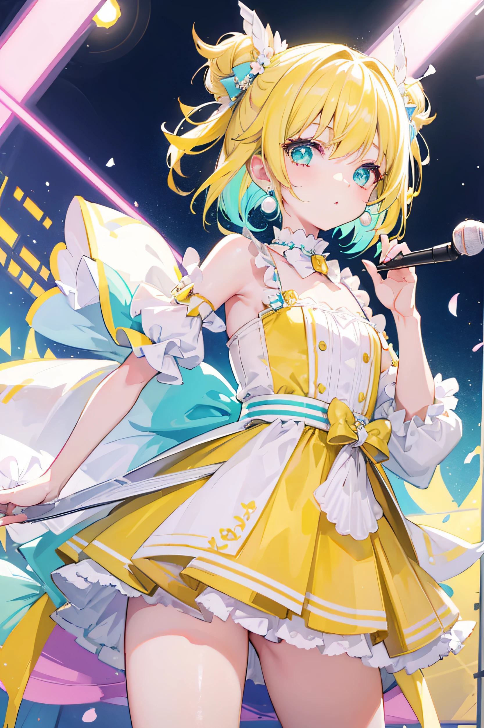 1 girl, pastel colours, yellow hair strokes, Short Hair Hair, Cyan eyes, pearl hairpins on the hair, Cute idol clothes, bow, stocklings, big earrings, a lot of details, small girl, little chest, Microphone in hand, gaze at the viewer, Large thighs, concert