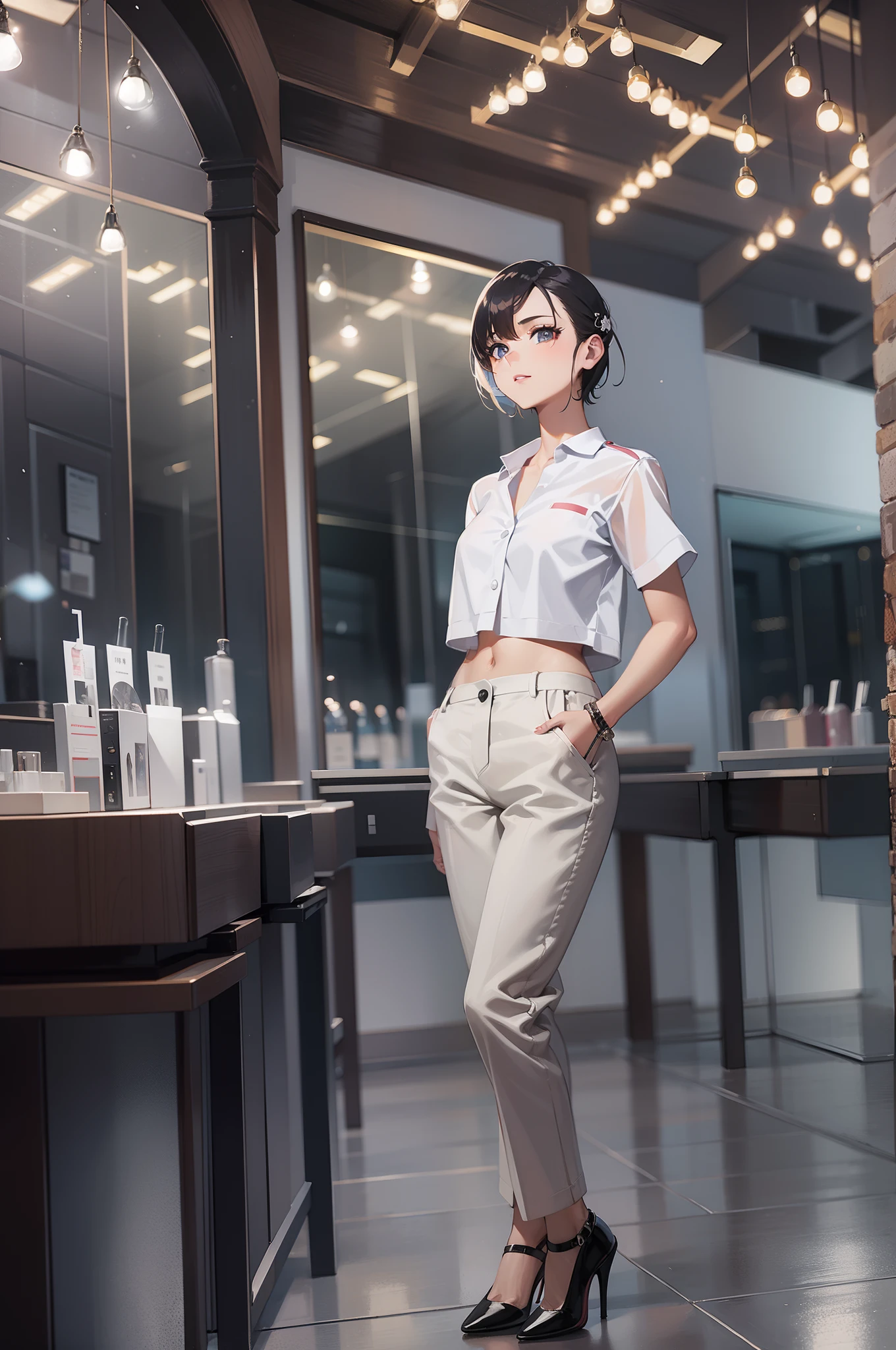 Work in a beauty salon、enjoyably、25 years old women、short-cut、White shirt、Black Pantaloons、Back lighting、Looking at the camera