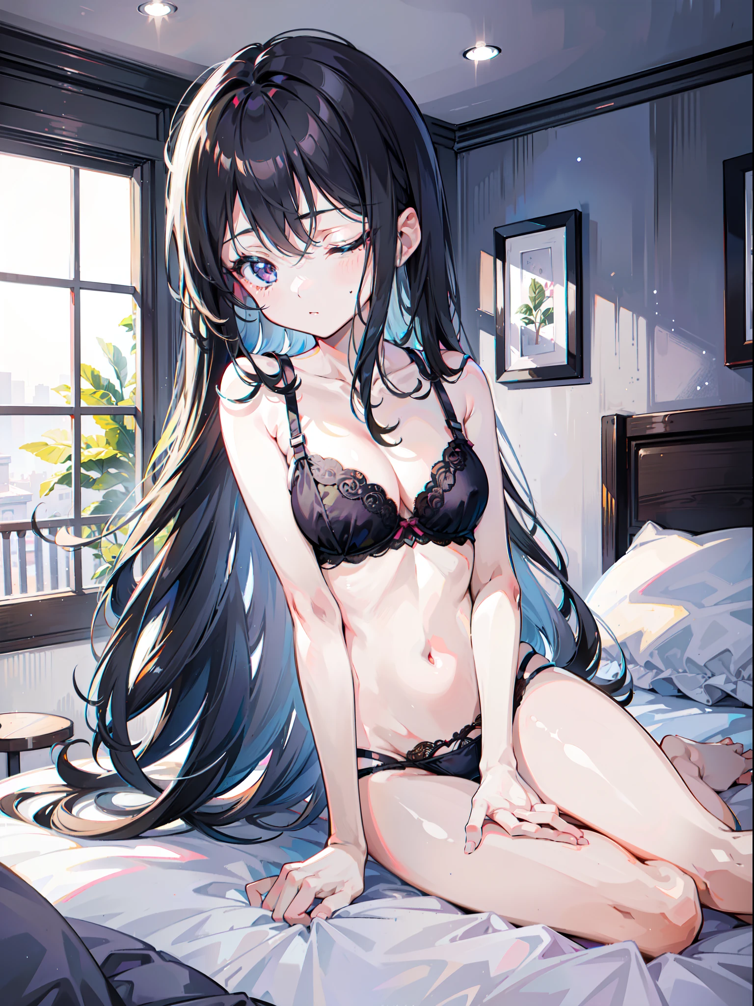 one girls, About , Dark hair, length hair, dishevled hair, Sleeping in bed, closed eye, Lie on your back, bra very, pantiy, morning, a bed, in a house, high-level image quality, hightquality, delicate illustration, Delicate design, delicate detail, Ultra-delicate,