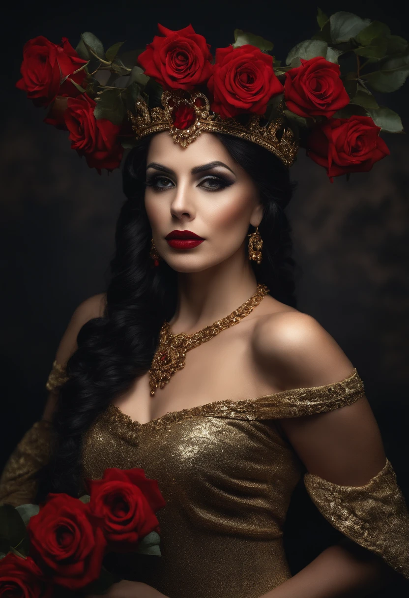 hiper-realismo, goth woman, pombo gira, 37 anos, monera, cabelos pretos, Wearing a queen's crown on her head, com (((vestido longo preto e dourado))), rosto fechado, Face da Brava, holding 7 red roses in your hands, com fundo escuro, com a luz da lua iluminando, foto de corpo todo, looking-into-camera, olhar intimidador, Hiper realista, ultrarrealismo, detalhes realistas.