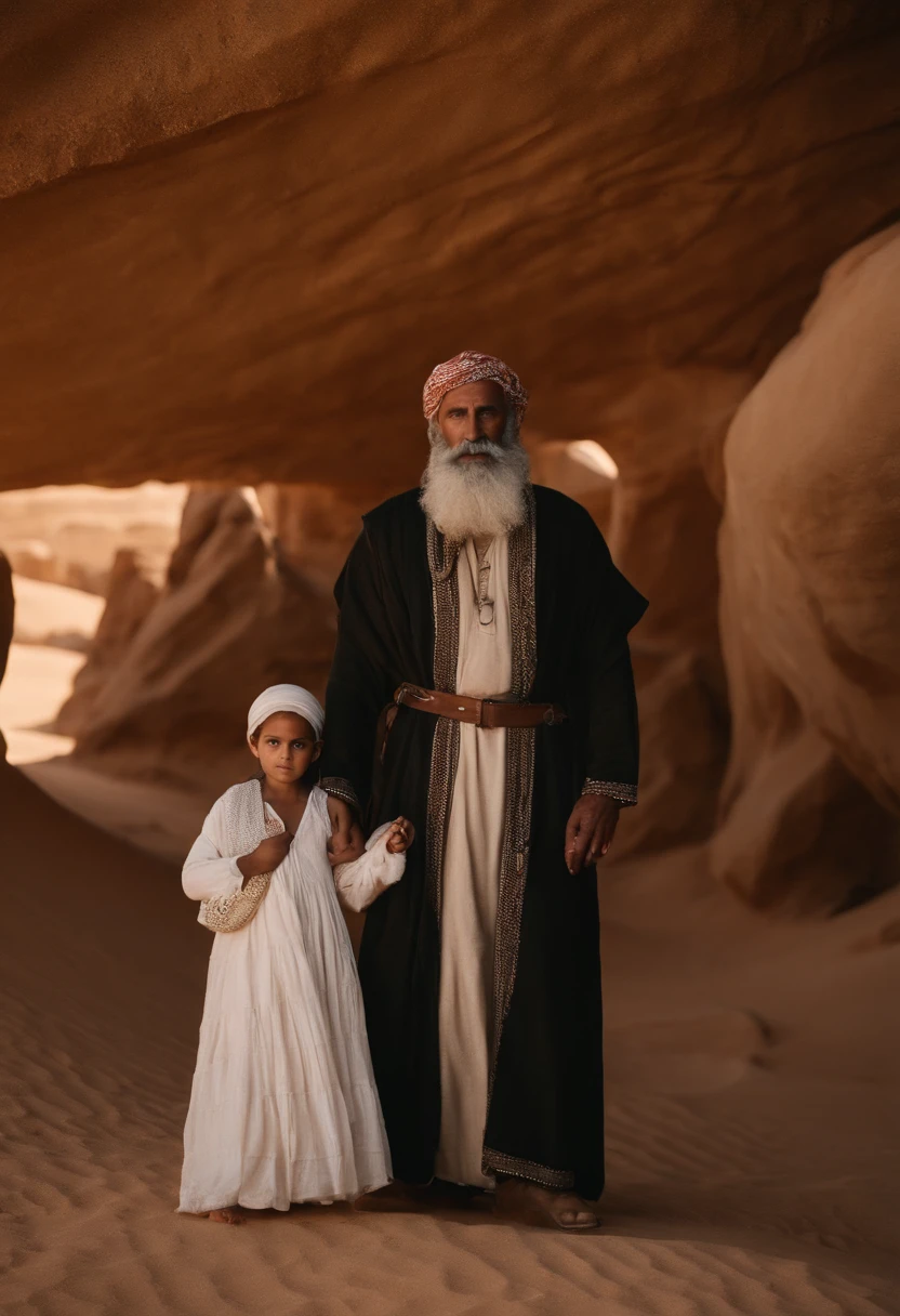 Man with long beard and white beard standing in desert area, Lead the clan, Israelenses vestidos em 36864K filmes, next to an Israeli woman holding a baby in her arms, Ainda do filme live action, cenas de filmes live-action, 16384k filme, still image from tv series, cinematic Film still from, film still image, portrait of bedouin d&d, cena maravilhosa