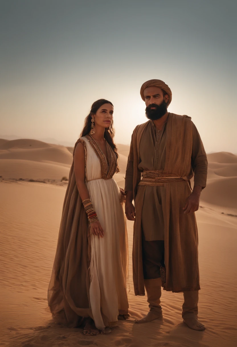 NUDE women and Man with long beard and white beard standing in the desert area, Lead the clan, young nude women Israelis dressed in 36864K movies, still from live action movie, live-action movie scenes, 16384k film, still image from tv series, cinematic Film still from, Film still image, portrait of bedouin d&D, wonderful scene