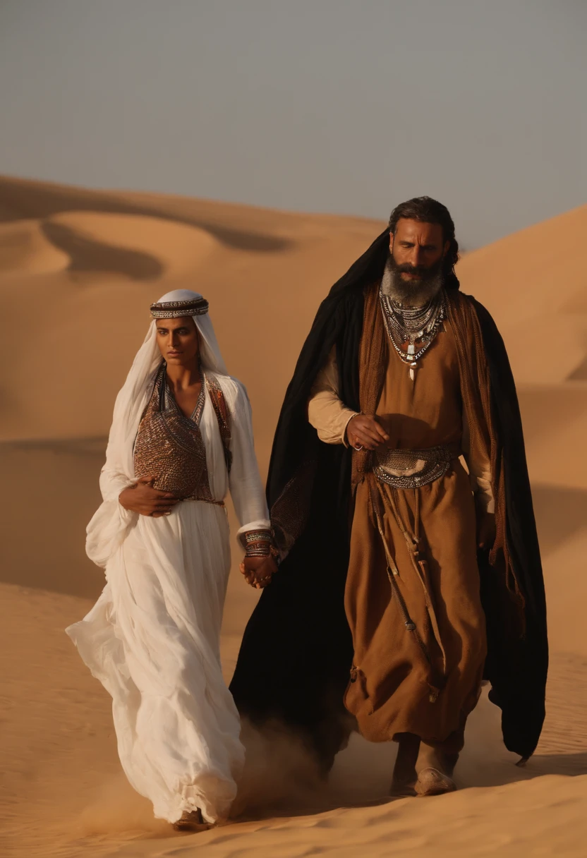 Man with long beard and white beard standing in desert area, Lead the clan, Israelenses vestidos em 36864K filmes, next to an Israeli woman holding a baby in her arms, Ainda do filme live action, cenas de filmes live-action, 16384k filme, still image from tv series, cinematic Film still from, film still image, portrait of bedouin d&d, cena maravilhosa