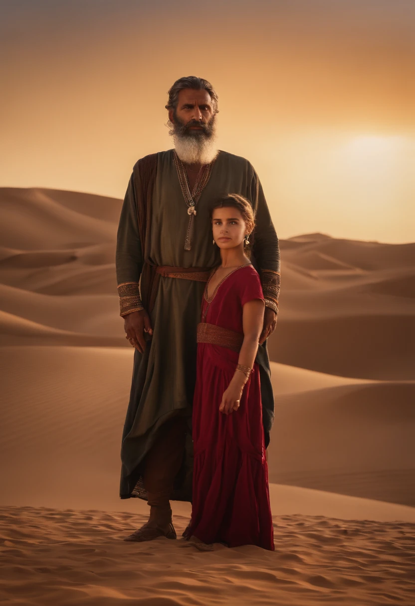 Man with long beard and white beard standing in desert area, Lead the clan, Israelenses vestidos em 36864K filmes, next to an Israeli woman holding a  in her arms, Ainda do filme live action, cenas de filmes live-action, 16384k filme, still image from tv series, cinematic Film still from, film still image, portrait of bedouin d&d, cena maravilhosa