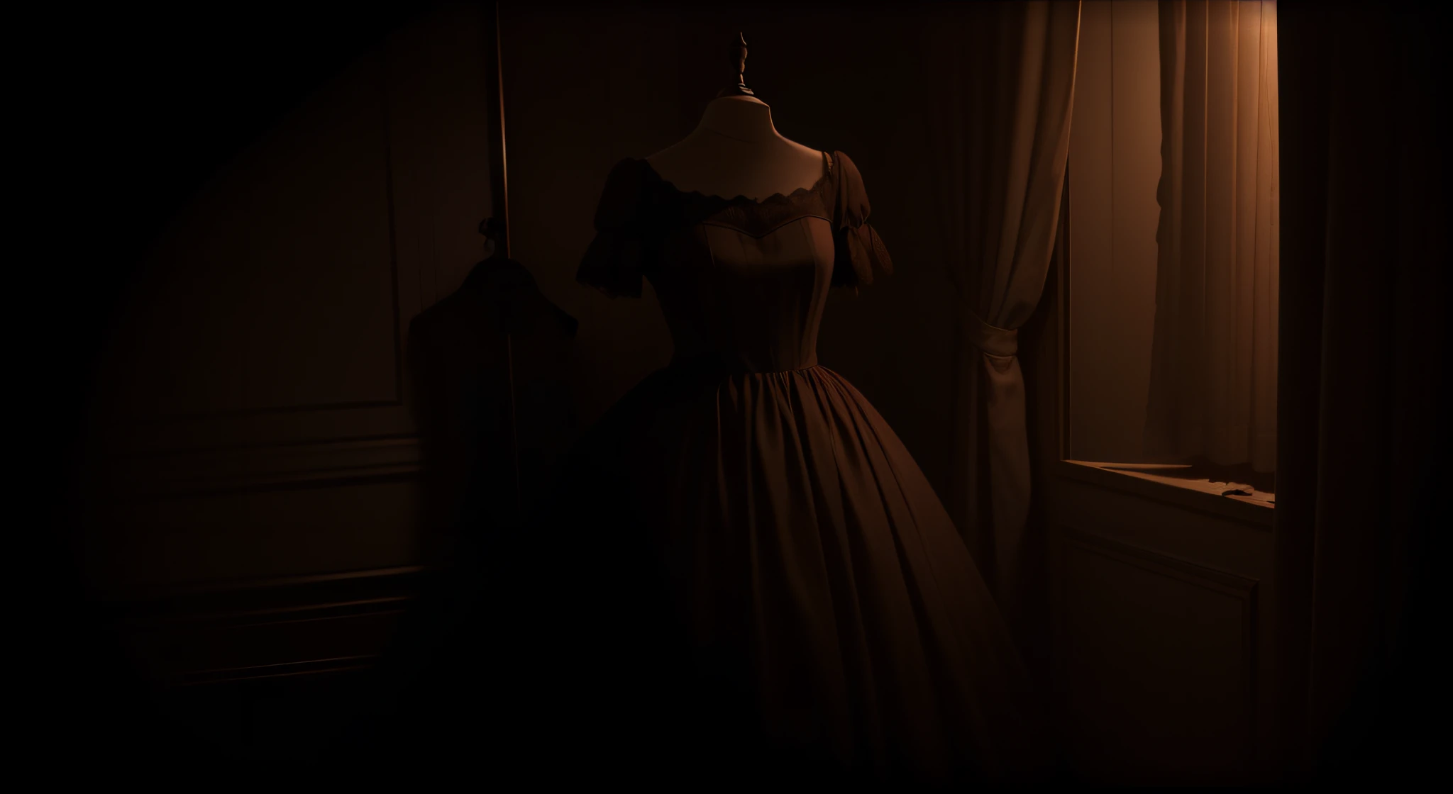 Horror movie atmosphere，Dim Room，A bloody dress on the bed，Bloody clothes， the rule of thirds, Tonal color scheme, pale brown, Contemplative silence, Bokeh, Mystery, Horror, unholy, eerie, Creepy, Moody lighting, In the style of Denis Villeneuve, cinematic Film still from, cine still 800