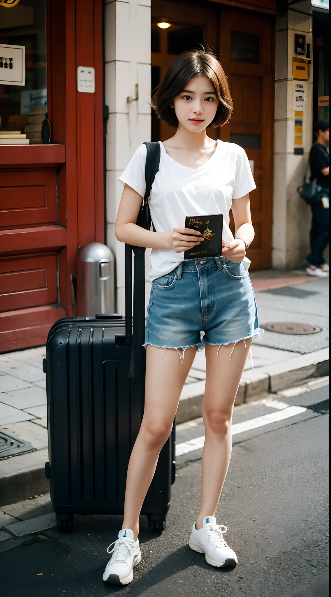 s girl,photographers,gentle and cute,short detailed hair,(Hold a book),(Carry-on baggage),the city street,Casual wear,