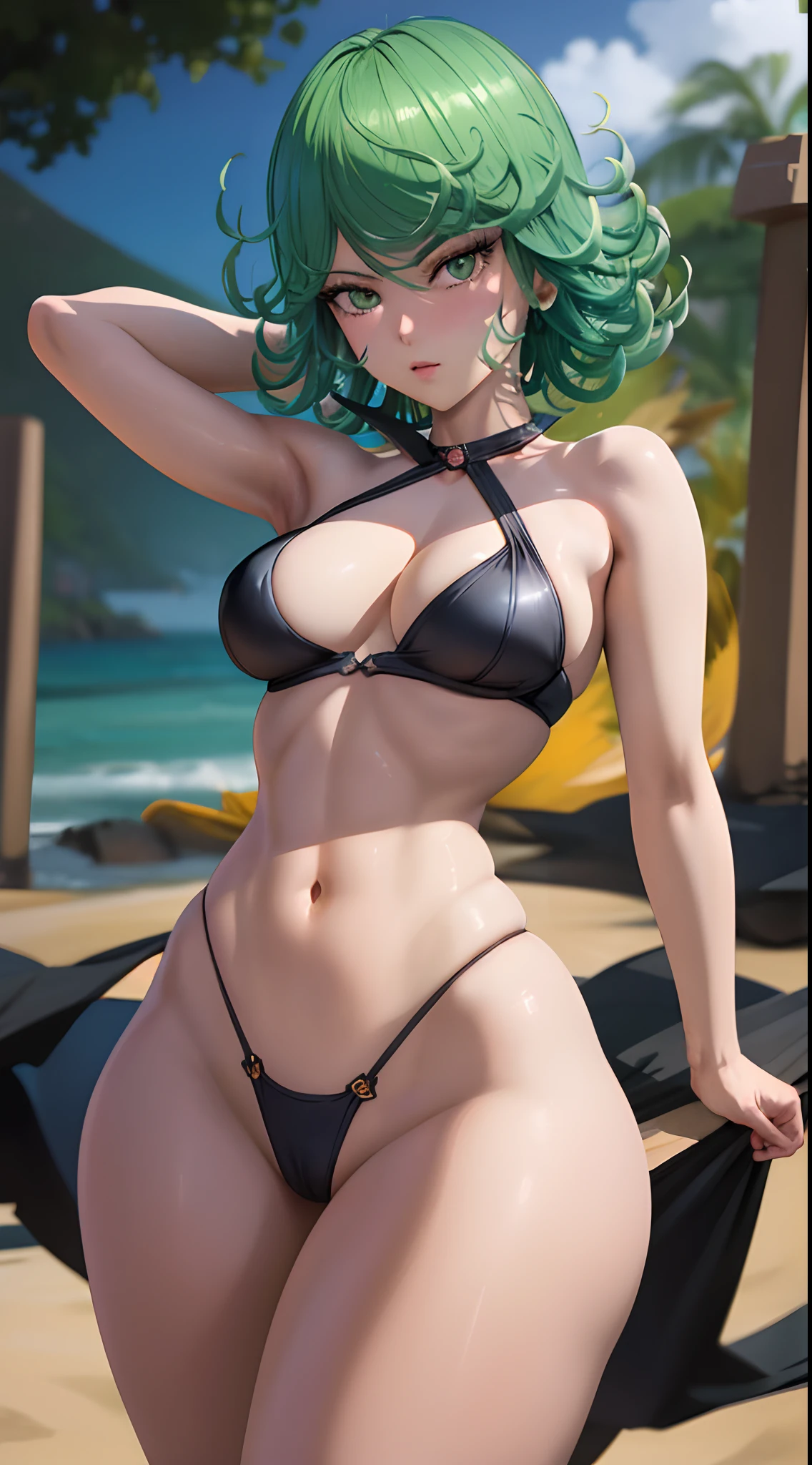 (sensual: 1.4, sunny beach atmosphere), The alluring Tatsumaki, from the renowned anime "One Punch Man," embraces the warmth of the sun as she graces the beach with her presence. Donning a sleek black thong, her ample bosom and shapely derriere captivate attention, perfectly accentuated by her slender waist. With a confident allure, she poses with her back to the camera, allowing her captivating derriere to take center stage. Hyper-detailed, insane details, Beautifully color graded, Unreal Engine, DOF, Super-Resolution,Megapixel, Cinematic Lightning, Anti-Aliasing, FKAA, TXAA, RTX,SSAO,Post Processing, Post Production, Tone Mapping, CGI, VFX, SFX, Insanely detailed and intricate , Hyper maximalist, Hyper realistic, Volumetric, Photorealistic, ultra photoreal, ultra- detailed, intricate details,8K, Super detailed , Full color, Volumetric lightning, HDR, Realistic, Unreal Engine, 16K, Sharp focus. Octane render
