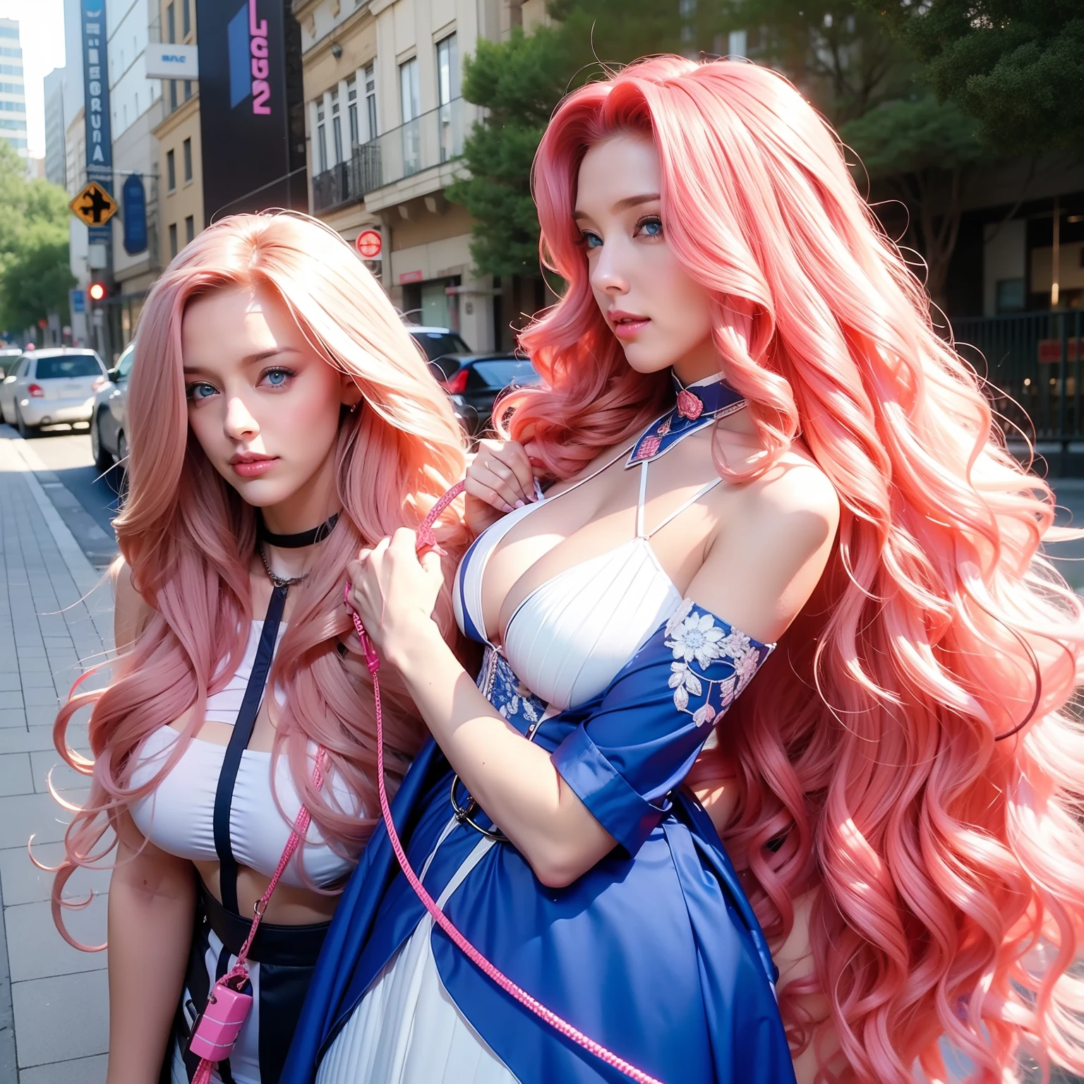 long curly pink hair, blue eyes, female, holding a leash, sexy outfit, 1 woman, hand holding a leash