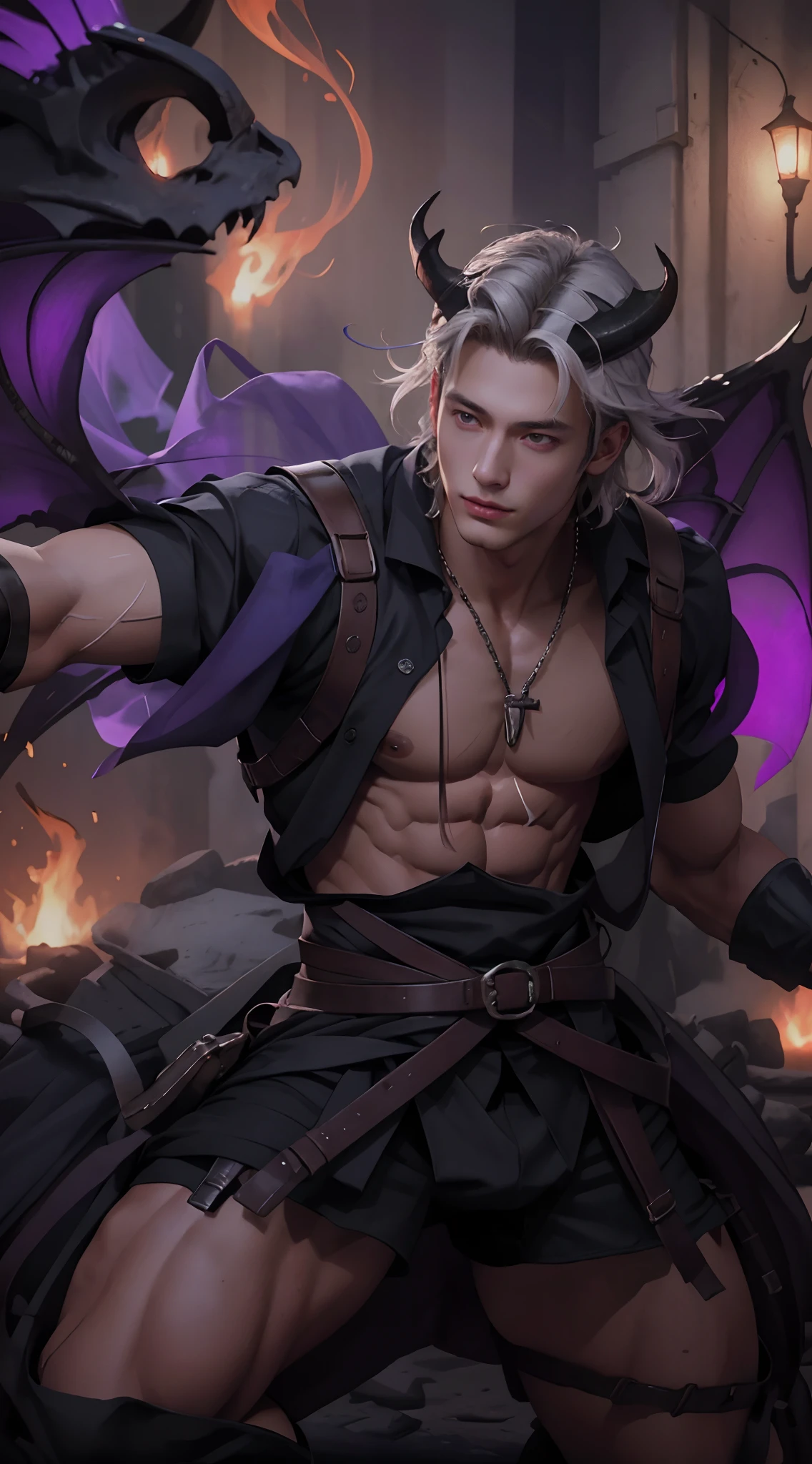 1 male, (male model) hot skin, masterpiece, best qualities, most handsome man in the world, by Tham Quan, perfect body, beautiful male model, attractive male lead 25- 30 years old aesthetic, foggy atmosphere, spirit land, evening, skull, smoke, fire, purple, blue, handsome young man wearing transparent samurai shirt, transparent white cloth, bare shoulders exposed chest, thighs exposed, ((transparent white briefs exposed)), (male focus), (smooth)), smile, super cute, dynamic pose, cool and seductive, light gentle impression, full body shot, full body shot, young face, full body, hairless body, tall and thin, proportioned body, outstanding, white or white skin, young face, white hair, picture corporate body shape, Hd, Natural skin tones, soft lighting, Highly detailed, Looking at audience, photography, Detailed skin, Real people, realistic, Realistic optics, Crazy details, Face detail, Maximize exaggeration, hyperrealism exaggeration, film, telephoto, intricate lighting detail, high detail, high detail, digital painting, artstation, concept art , smooth focus, sharp, illustrated, Unreal Engine 5, 8K, art by Ross Tran and Greg Rutkowski and Alphonse Mucha, UHD, 8k, Men only screen .8k Ultra HD, DSLR, low light , high quality, film grain, Fujifilm XT3, male fan, 2 person model, two people, black hair, bat wings, horns on head,