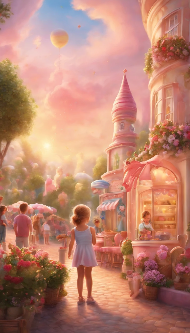 (Huge ice cream),illustration,Realistic Shading,Extraordinary details,Pastel colors,magical lighting,Fine texture,Pink fluffy clouds,Sparkling sprinklers,Delicate cones,Whimsical atmosphere,Joyful emotions,Dreamy background,Happy child,Delicious dessert,Soft serve ice cream,the ice cream shop,Vibrant colors,Candy toppings,fairy tale setting,The window is displayed,Lively scene,Cherry on top,Elegant whirlpool,Playful imagination,Captivating moments,A fun-filled experience,Creamy texture,Sweet taste,Irresistible temptation,Summer cuisine,Refreshing delight,Fantasy world
