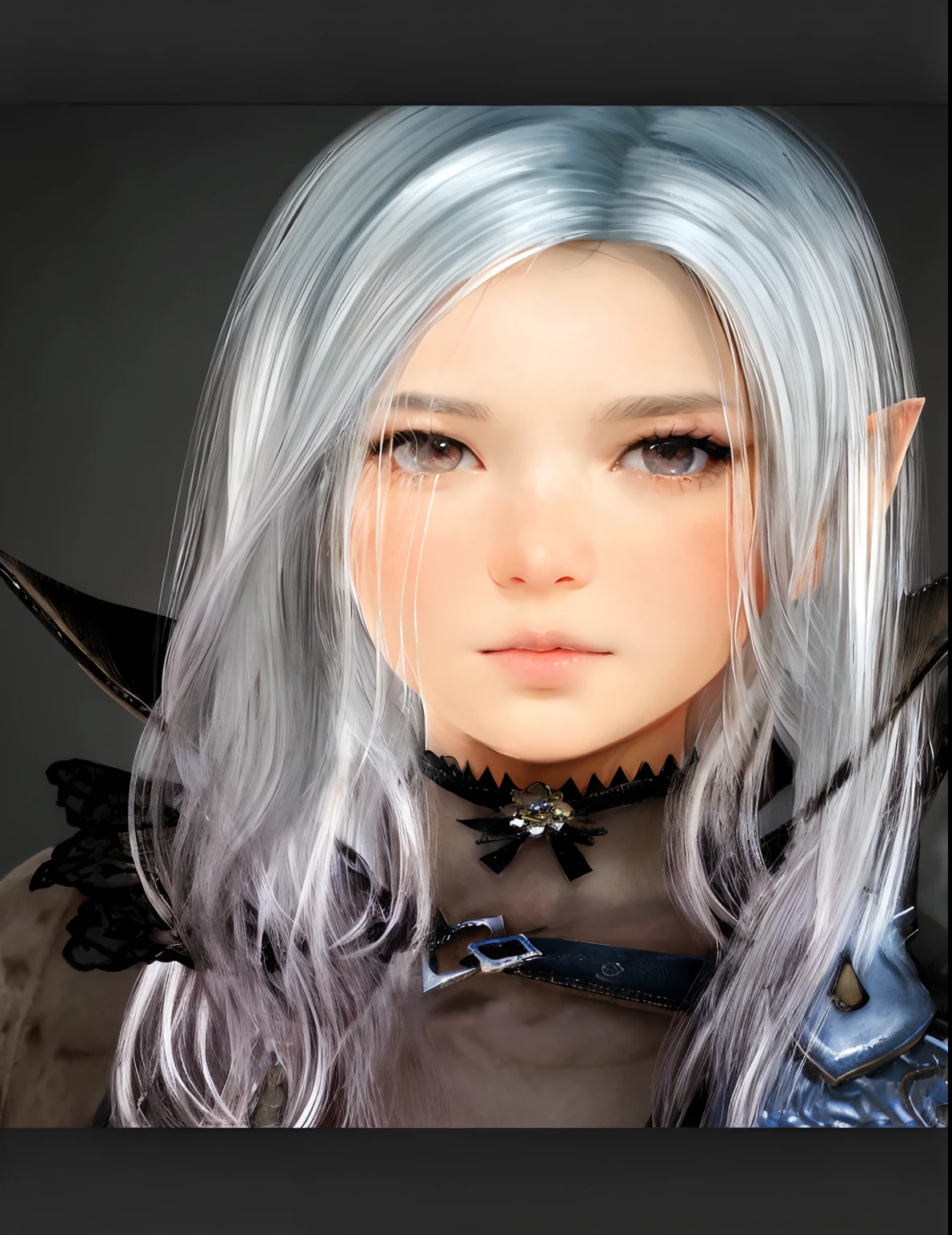 image of a woman with white hair and a black collar, lineage 2 revolution style, portrait of a very beautiful elf, very highly detailed face, highly detailed character, hyper-detailed fantasy character, photorealistic girl render, character close up, elegant female elf portrait render