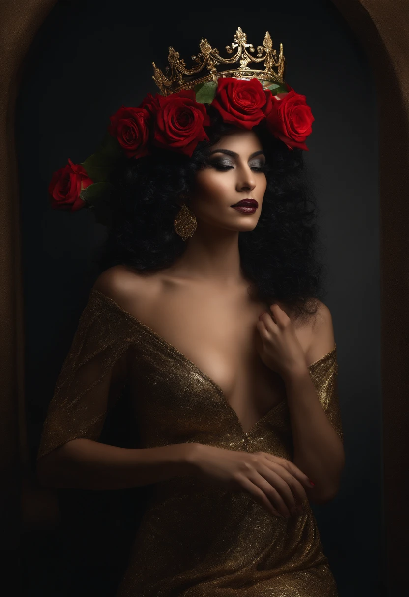 hiper-realismo, goth woman, Pombo gira, 37 anos, monera, cabelos pretos, Wearing a queen's crown on her head, com (((vestido longo preto e dourado))), rosto fechado, Face da Brava, holding 7 red roses in your hands, com fundo escuro, com a luz da lua iluminando, foto de corpo todo, looking-into-camera, olhar intimidador, Hiper realista, ultrarrealismo, detalhes realistas.