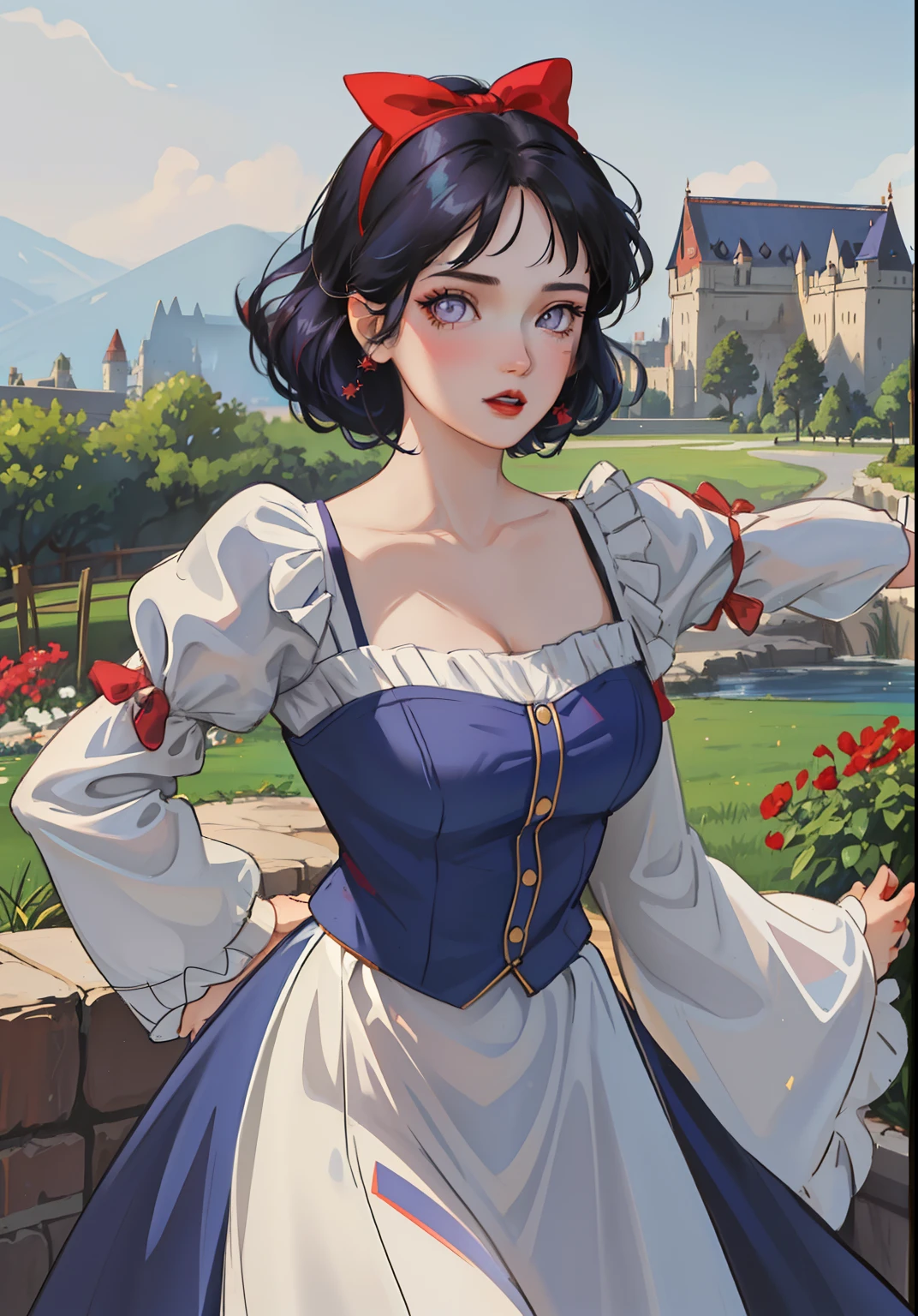 (snow white Waifu:1), surprised, beautiful pose, looking at the viewer, thick thighs, ( dress,Luffy sleeves:1.3), (short curly dark blue hair, Blunt Bangs,red hairband with bow)
(realistic: 1.2), (realism), (masterpiece: 1.2), (best quality), (ultra detailed), (8k, 4k, intricate), (full-body-shot: 1), (Cowboy-shot: 1.2), (85mm), light particles, lighting, (highly detailed: 1.2), (detailed face: 1.2), (gradients), sfw, colorful, (detailed eyes: 1.2), princess snow white
(detailed landscape, garden, plants, castle: 1.2), (detailed background), detailed landscape, (dynamic angle: 1.2), (dynamic pose: 1.2), (rule of third_composition: 1.3), (line of action: 1.2), wide shot, daylight, soil, Blunt Bangs, purple eyes,dark blue hair,soft red lips,white skin