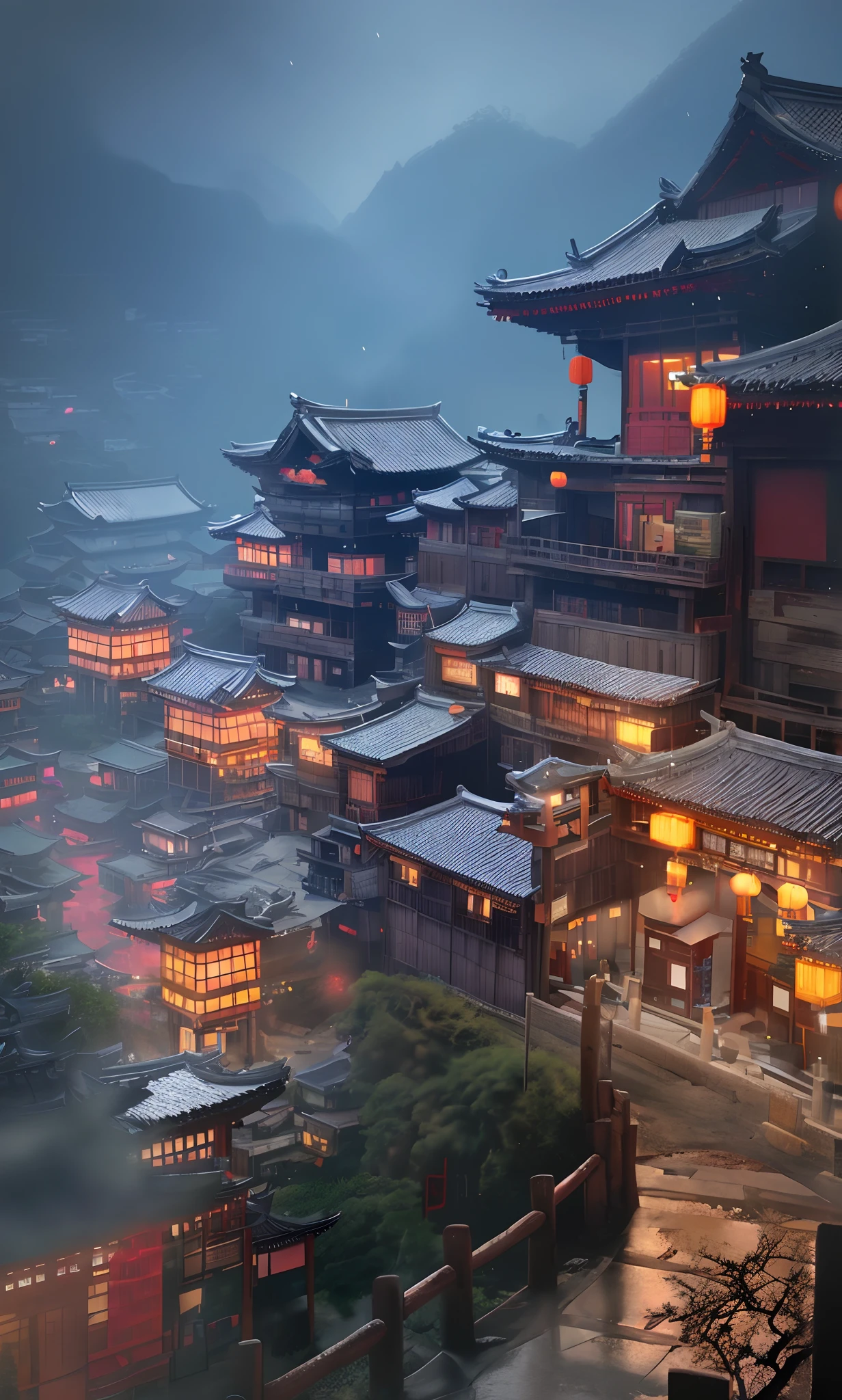 arafed view of a village with a lot of lights on the buildings, dreamy chinese town, chinese village, amazing wallpaper, japanese town, japanese village, hyper realistic photo of a town, old asian village, japanese city, by Raymond Han, rainy evening, cyberpunk chinese ancient castle, beautifully lit buildings, at evening during rain, beautiful and aesthetic, photography, cinematic, 8k, high detailed ((Heavy rain)))