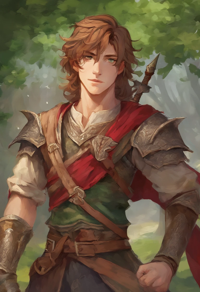 a 20 -year-old man, 1 boy, brown short hair, short hair parted in the middle, bright green eyes, without a beard, without a goatee, no facial hair, silver and red medieval knight armor, red clothes, highly detailed, A high resolution， Sharp focus, ultra detailed, noble, brave, strong, perfect hands