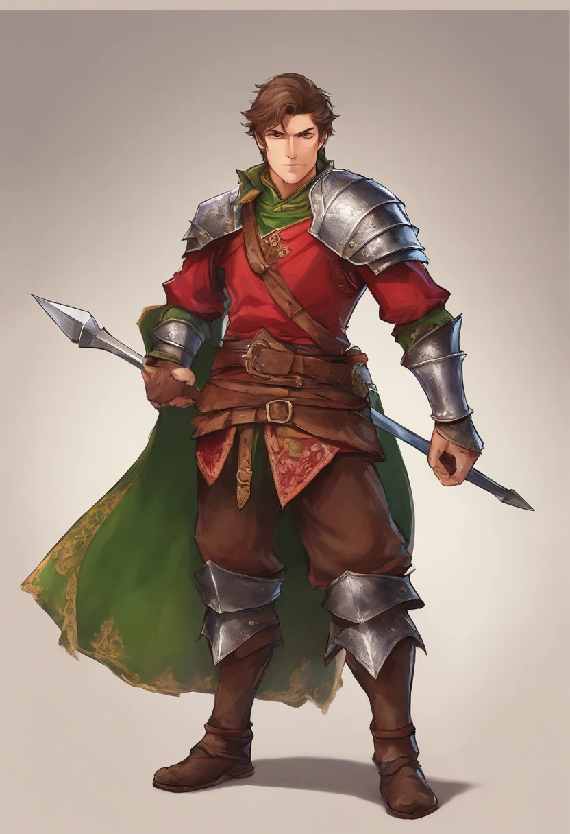 a 20 -year-old man, 1 boy, brown short hair, short hair parted in the middle, bright green eyes, without a beard, without a goatee, no facial hair, silver and red medieval knight armor, red clothes, highly detailed, A high resolution, Sharp focus, ultra detailed, noble, brave, strong, perfect hands
