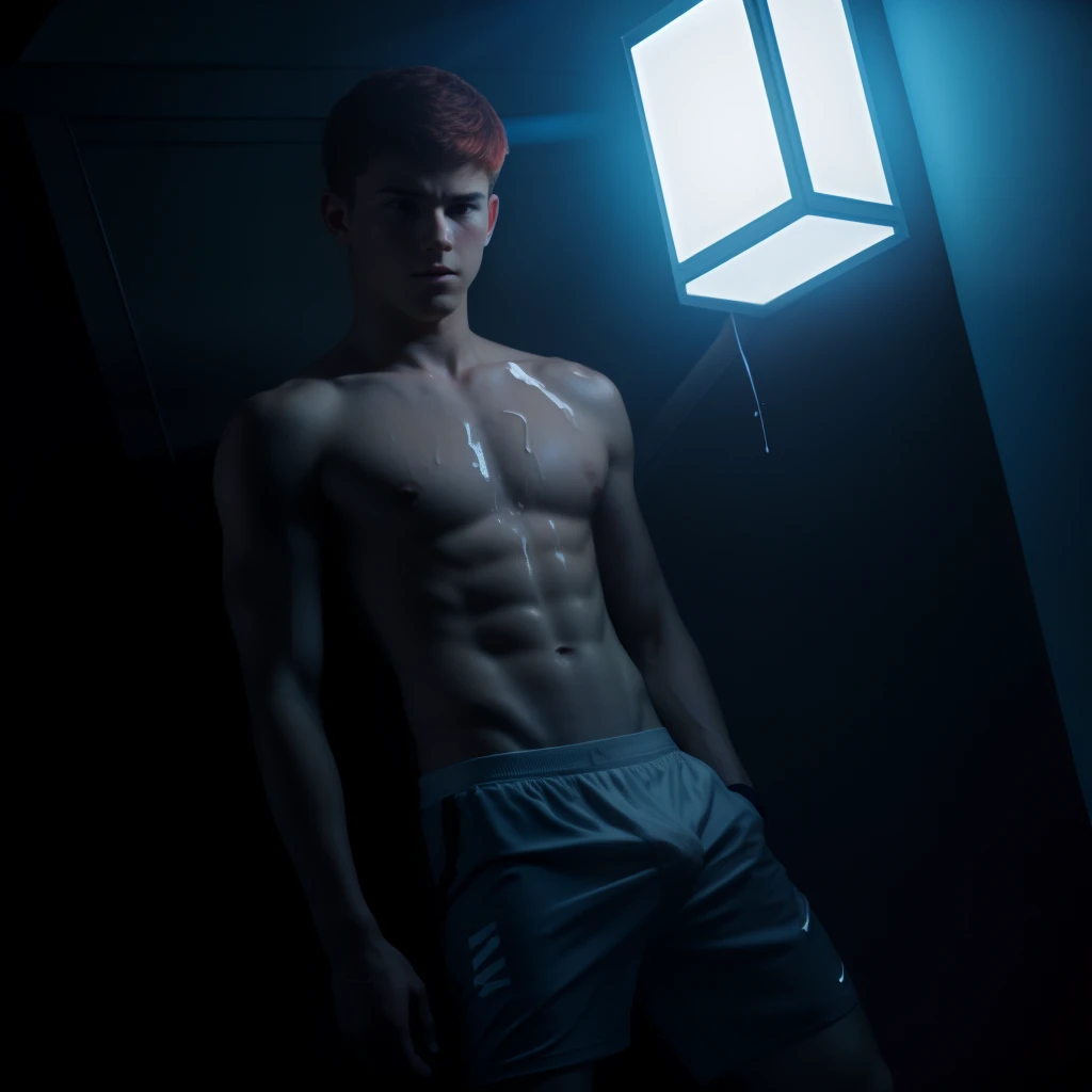 Ultrarealistic, masterpiece, best quality, teenage male, short hairs, red hairs, tone body, Nike boxers, messy cum, gay, realistic, dramatic lighting, atmospheric, full body view, red backlight, sperm at body, covered in cum