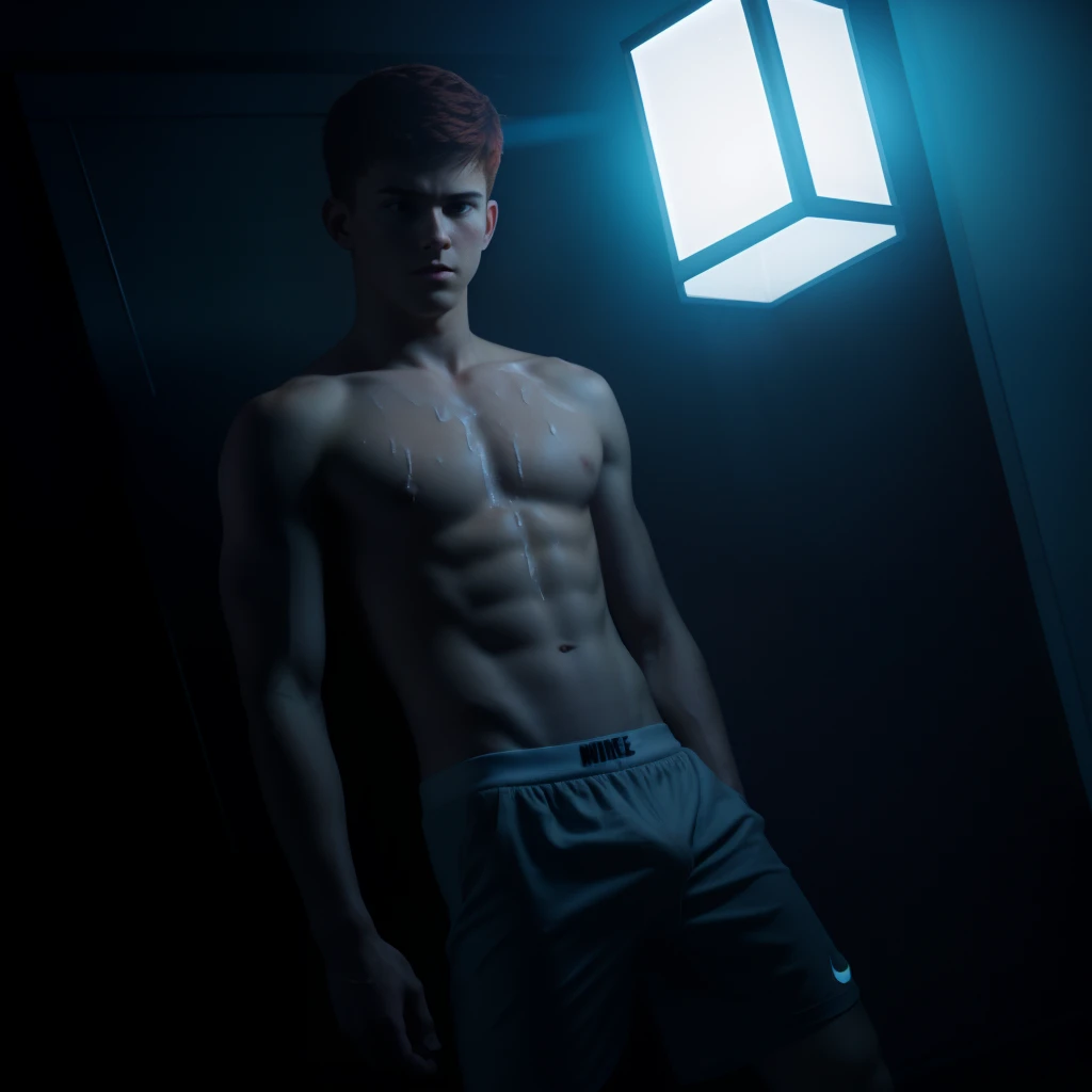 Ultrarealistic, masterpiece, best quality, teenage male, short hairs, red hairs, tone body, Nike boxers, messy cum, gay, realistic, dramatic lighting, atmospheric, full body view, red backlight, sperm at body, covered in cum