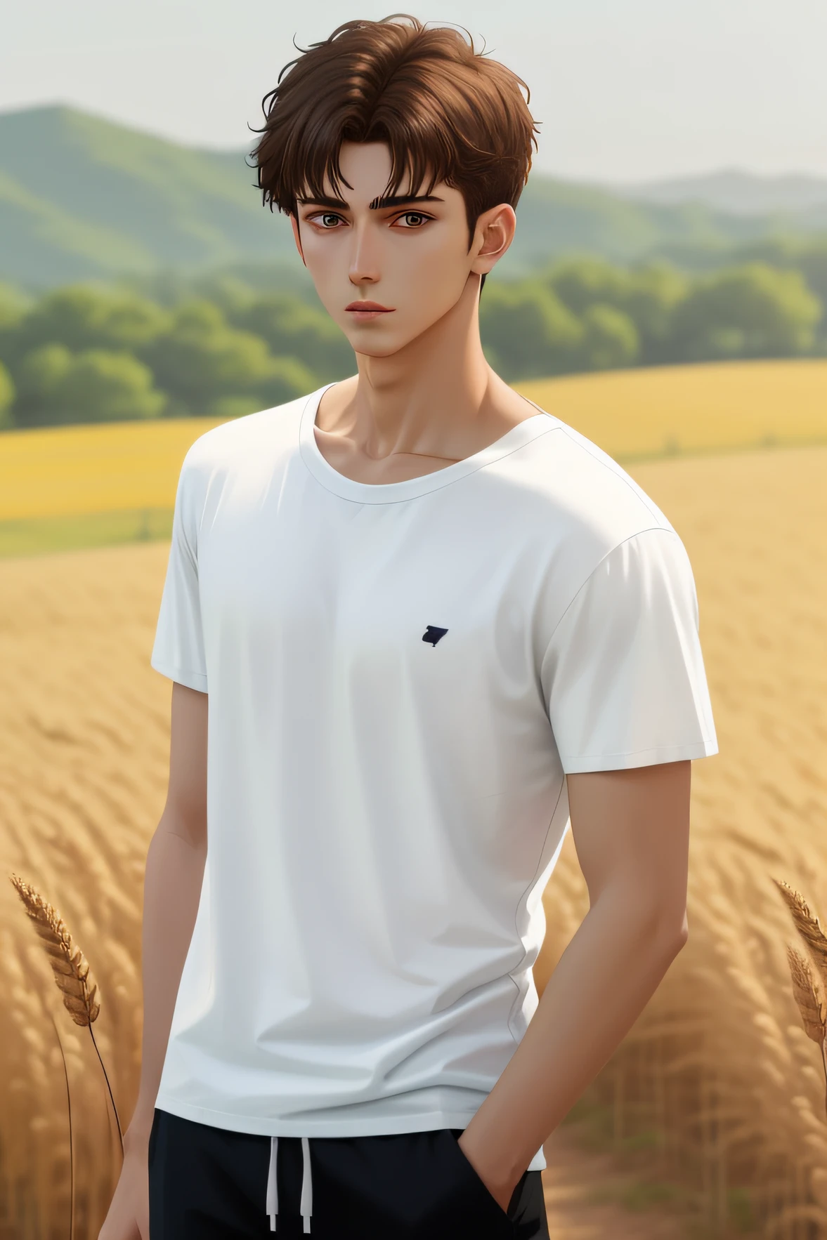 An Arad man in a white T-shirt stands in the countryside, dressed in a white t-shirt, Wear a modern white T-shirt, modern casual clothing, Wearing wheat yellow gauze, young man with short, Short sleeves, Ochre details, White clothes, casual modern clothing, whitet-shirt,Anime figure,One man only,Handsome,Collarless white T-shirt