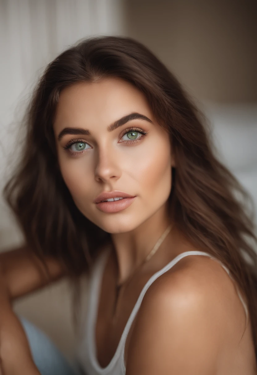arafed woman with a white tank top and a necklace, sexy girl with green eyes, portrait sophie mudd, brown hair and large eyes, selfie of a young woman, bedroom eyes, violet myers, without makeup, natural makeup, looking directly at the camera, face with artgram, subtle makeup, stunning closeupheadshot, piercing green eyes