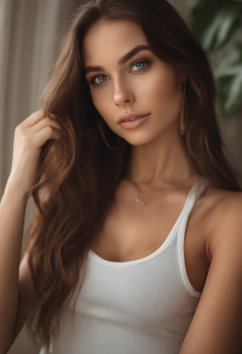 arafed woman with a white tank top and a necklace, sexy girl with green eyes, portrait sophie mudd, brown hair and large eyes, selfie of a young woman, bedroom eyes, violet myers, without makeup, natural makeup, looking directly at the camera, face with artgram, subtle makeup, stunning closeupheadshot, piercing green eyes