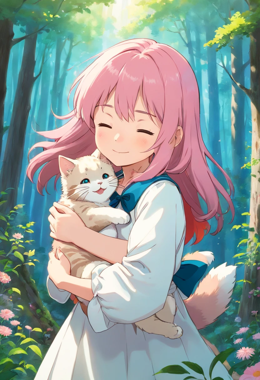 1 girl, solo, best quality, ultra detailed, minor, (happy:1.4), closed eyes,
pink hair, medium hair, looking away,
from front, from below, portrait, hugging the brown kitten, \(kitten has its mouth closed\),
white dress, blue ribbon, long sleeves, standing,
in the forest, flower garden, warm sunlight filtering through trees